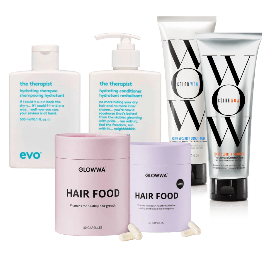 A collage of the products Shiyee stocks including ColourWow, Evo and Glowwa hair care.
