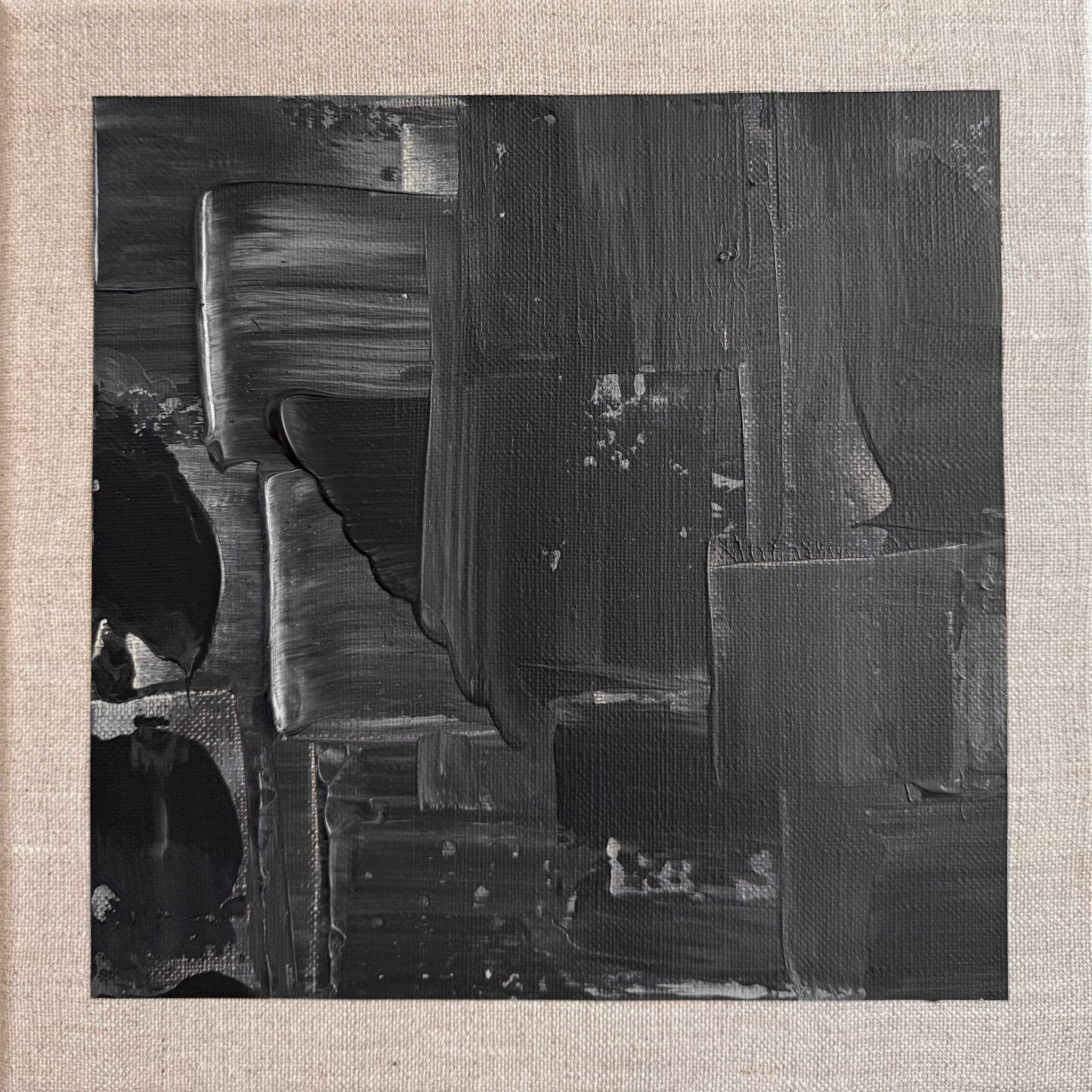 black and pale cream acrylic on linen, layered rectangular forms, vertical drag marks, impasto passages, exposed linen weave
