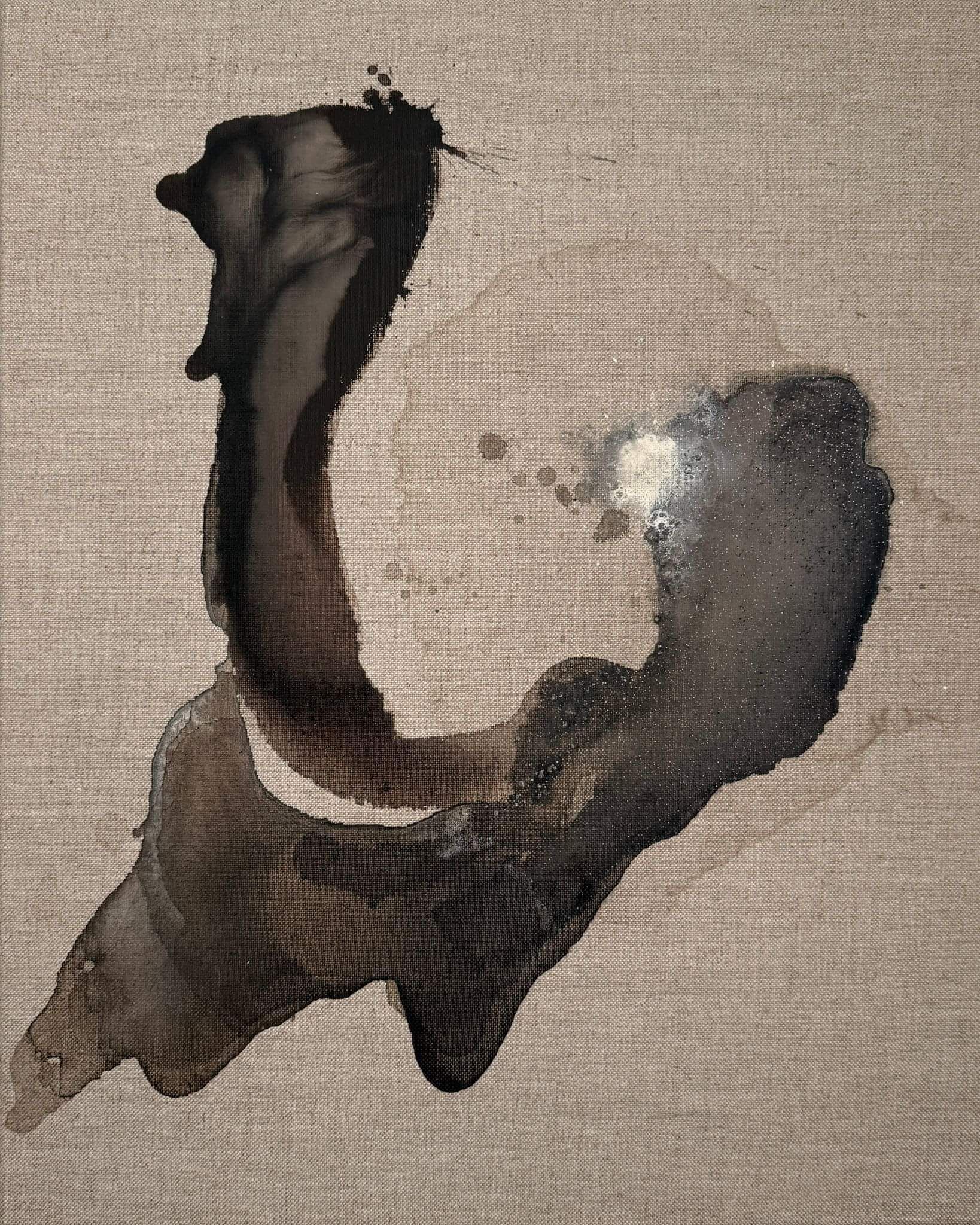 acrylic on linen, layered deep brown fluid forms with cream bloom and salt-induced erosion, pale brown wash and exposed linen ground