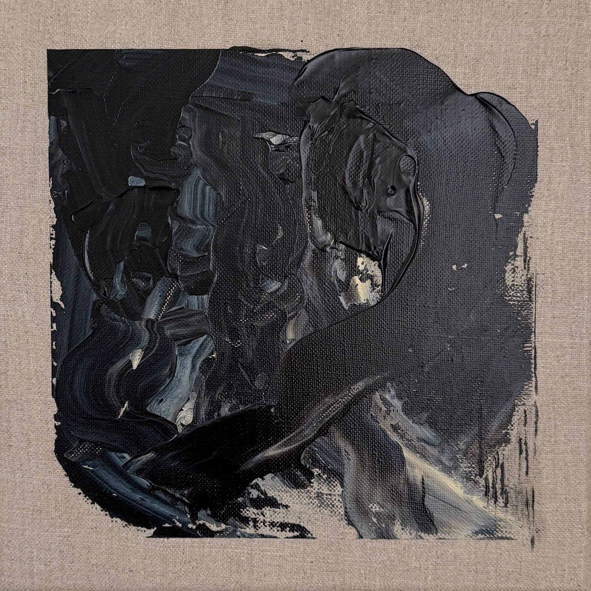 black and pale cream acrylic on linen, dense impasto mass, curved drag strokes, exposed linen ground, irregular rectangular field