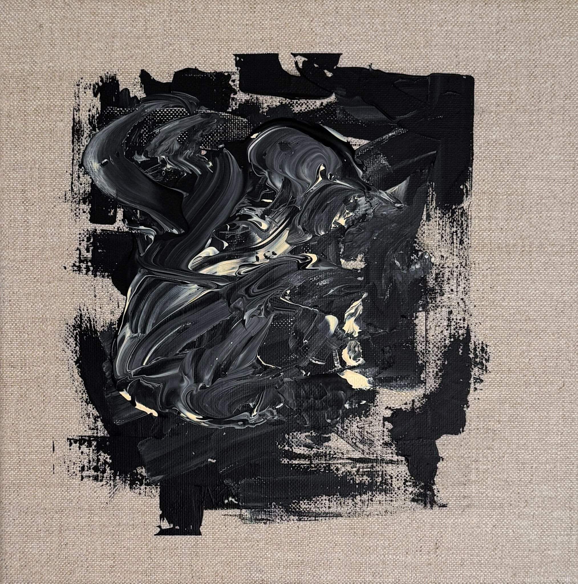 black and pale cream acrylic on linen, central impasto mass, sweeping curved strokes, exposed linen ground, layered rectangular field