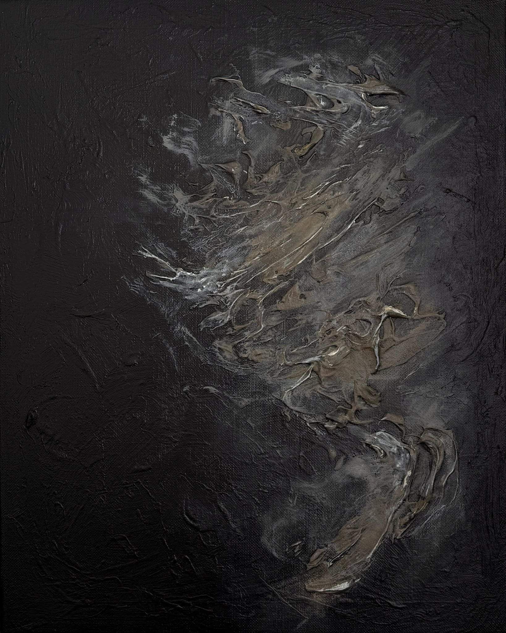 black and brown textured acrylic on linen, central impasto with mineral-based compound in brown and cream, layered sweeping forms