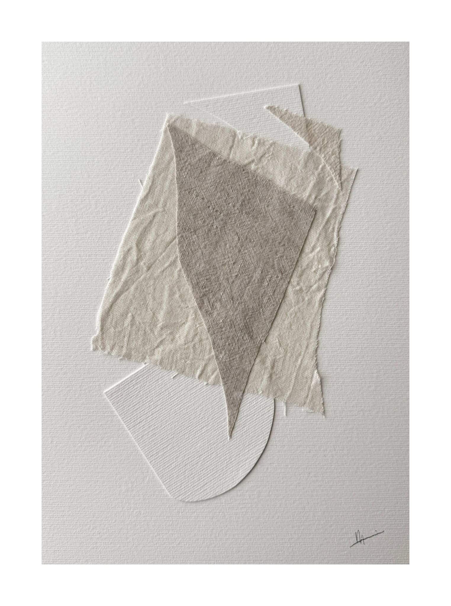 fabric and paper collage on fabriano paper, layered neutral linen fabrics and paper shape with handwritten artist signature lower right corner