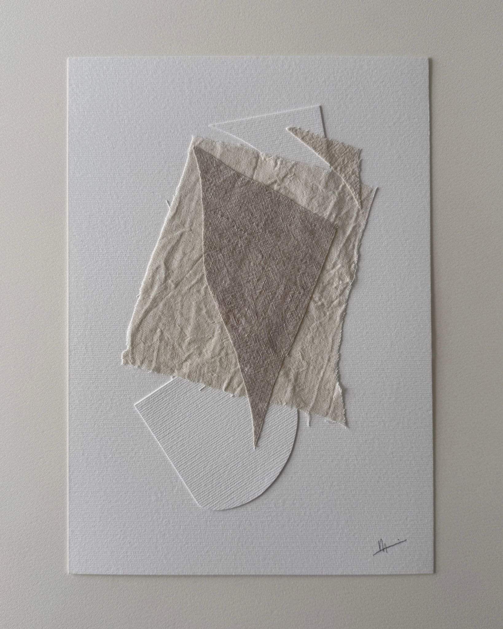 fabric and paper collage on fabriano paper, layered neutral linen fabrics and paper shape with handwritten artist signature lower right corner