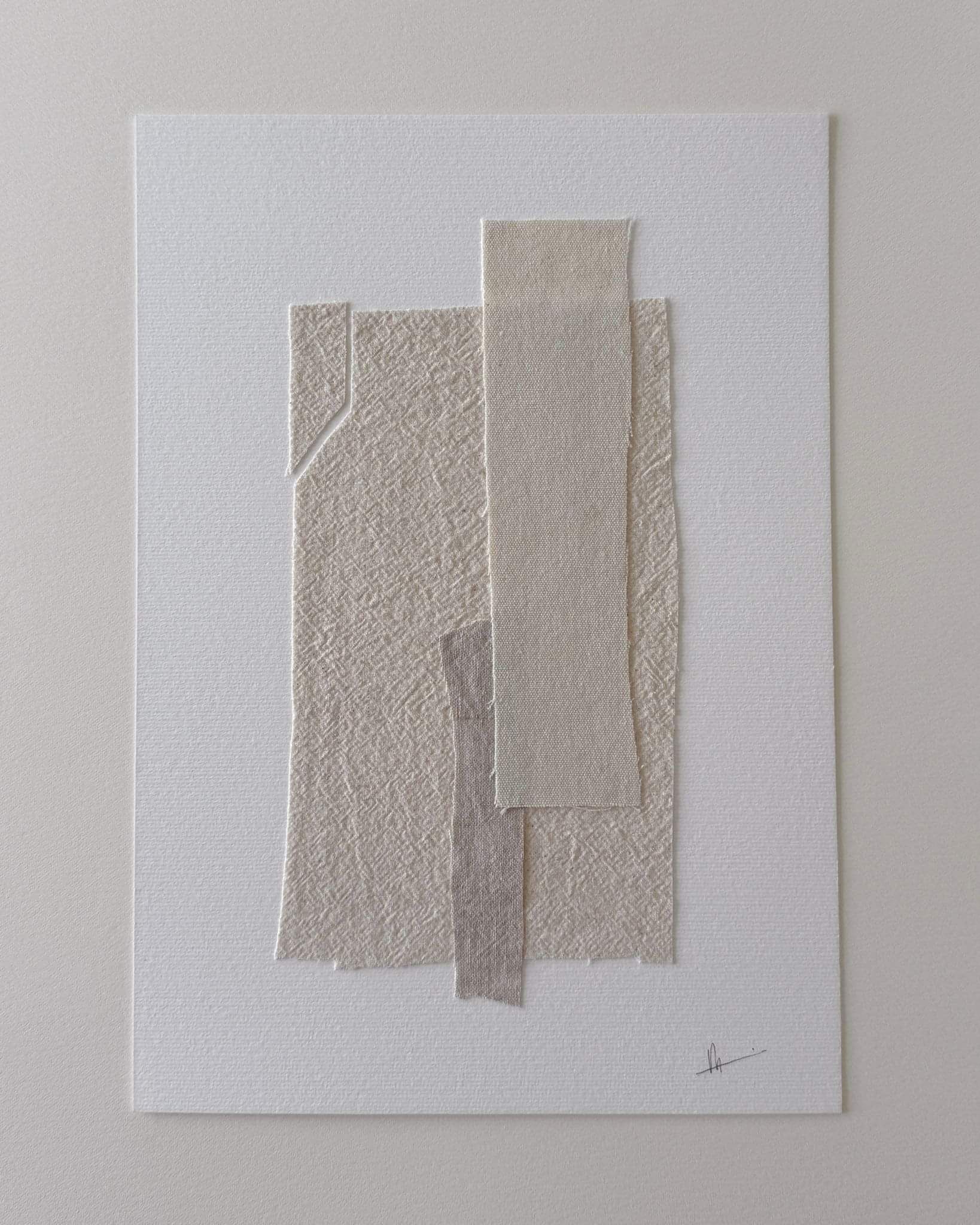 fabric collage on fabriano paper, layered neutral linen fabrics with geometric fabric shape cut-out, handwritten artist signature lower right corner