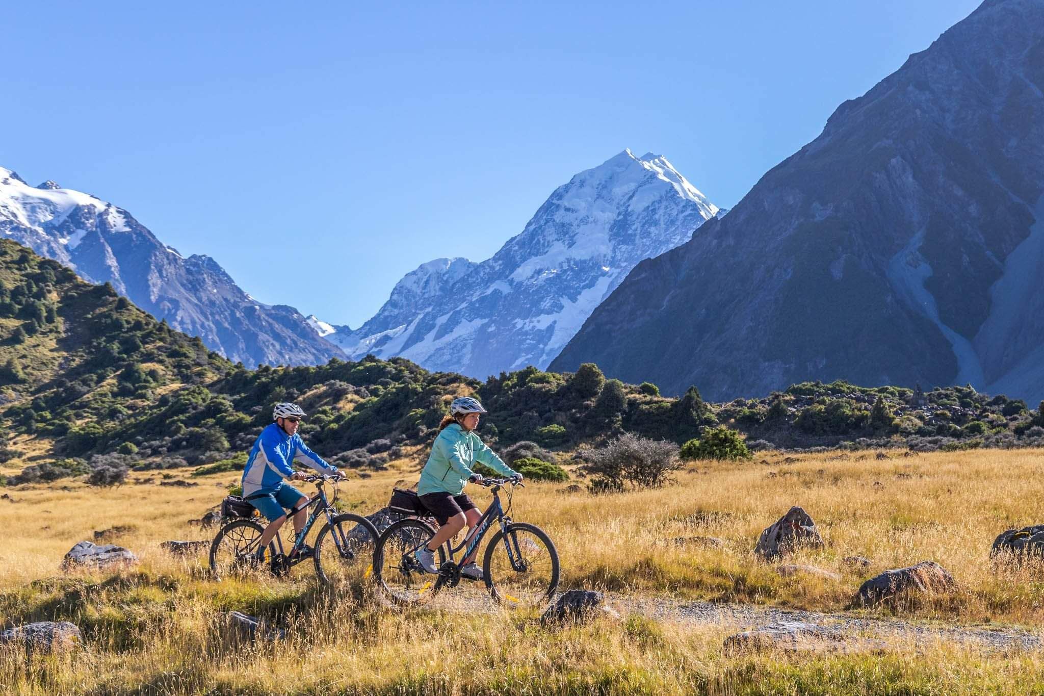Cyclists riding the Alps to Ocean Cycle Trail near Twizel