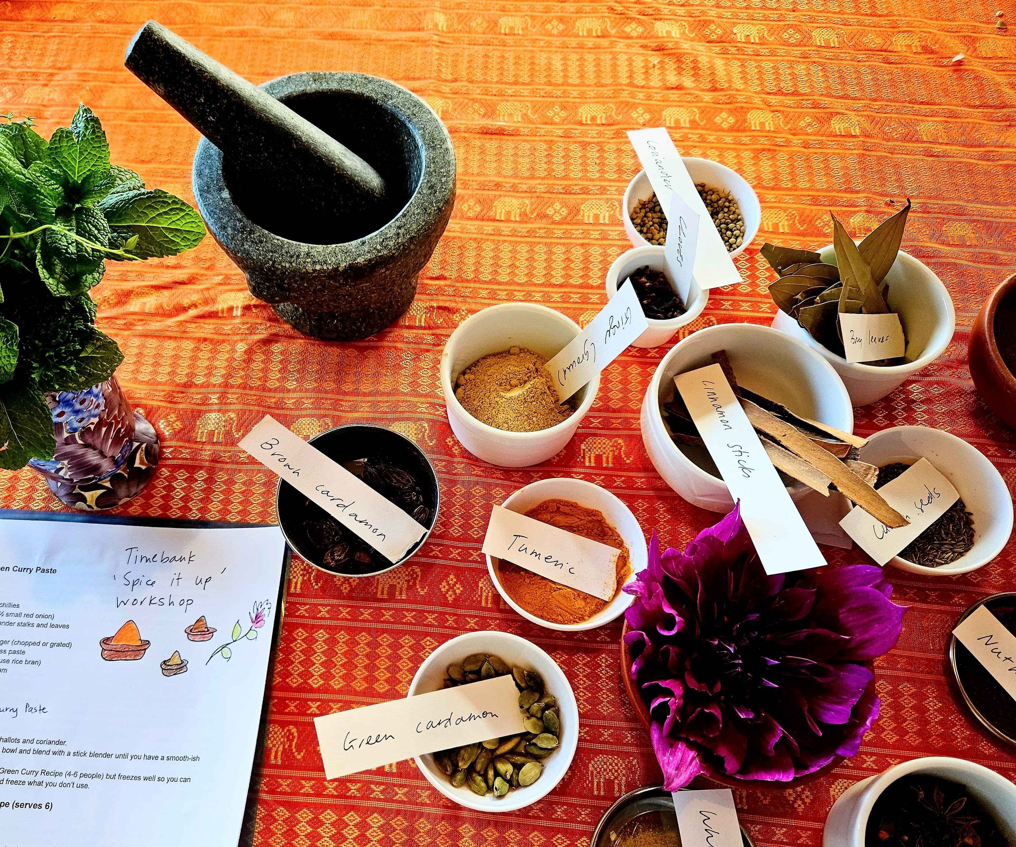 Colourful shot of labled spices for using spices workshop