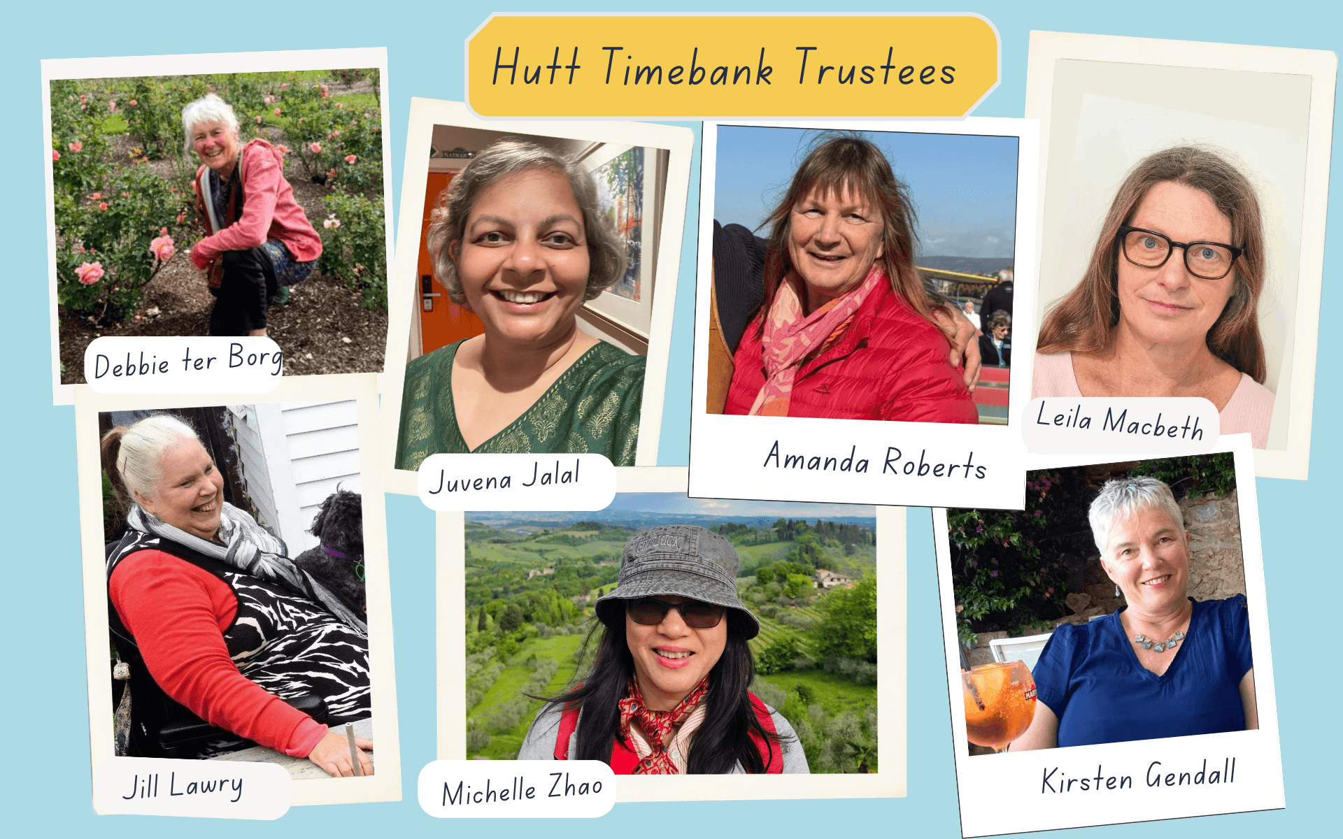Separate photos of the seven Hutt Timebank trustees, shown together on a graphic 'photoboard' 