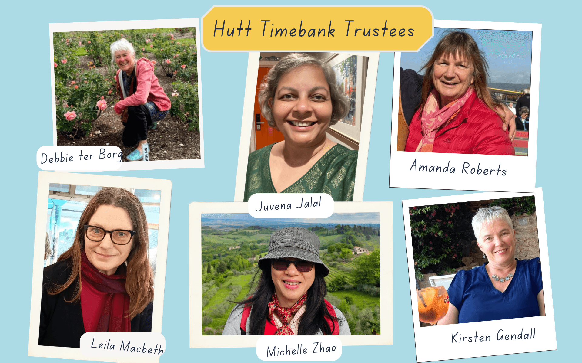 Separate photos of the seven Hutt Timebank trustees, shown together on a graphic 'photoboard' 