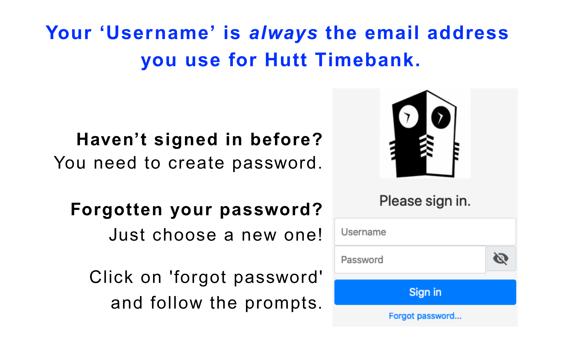 Graphic showing how to log in to our Timebanking software Time and Talents 