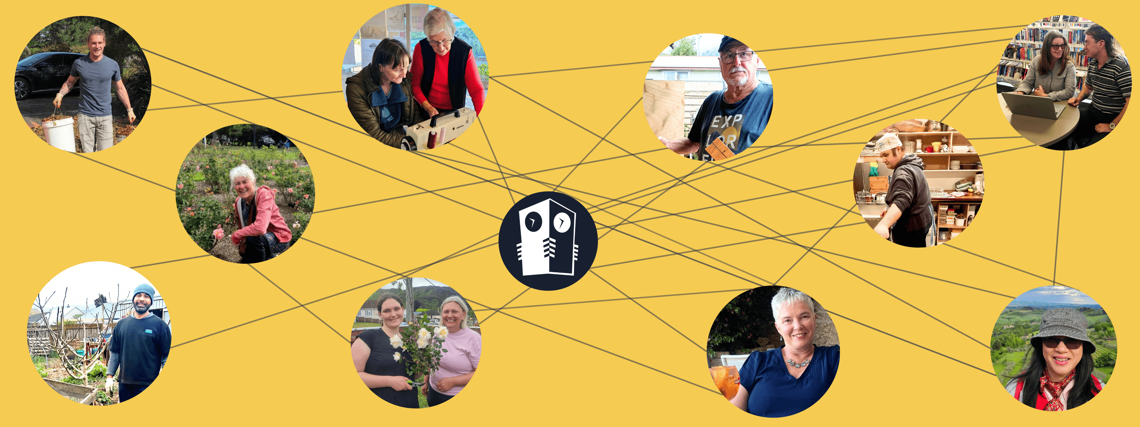 Graphic with lines connecting Timebank member pics to illustrate the 'web of connections'