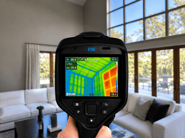 A thermal camera being used for moisture and leak detection in Auckland