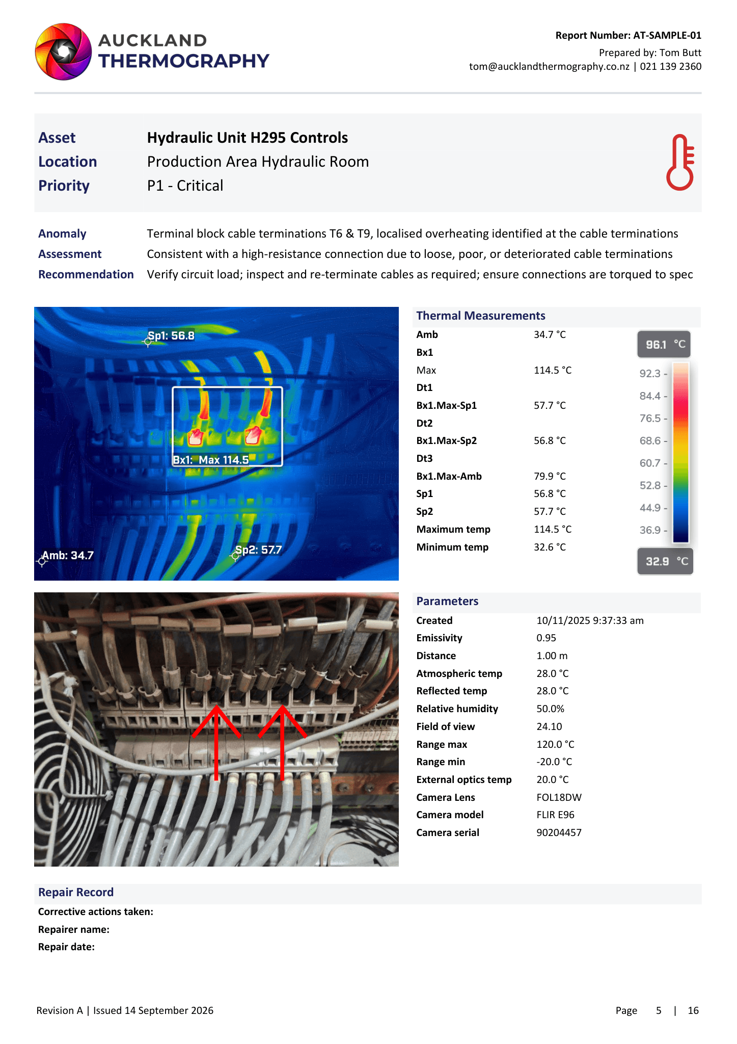 Example electrical thermal imaging report page in Auckland