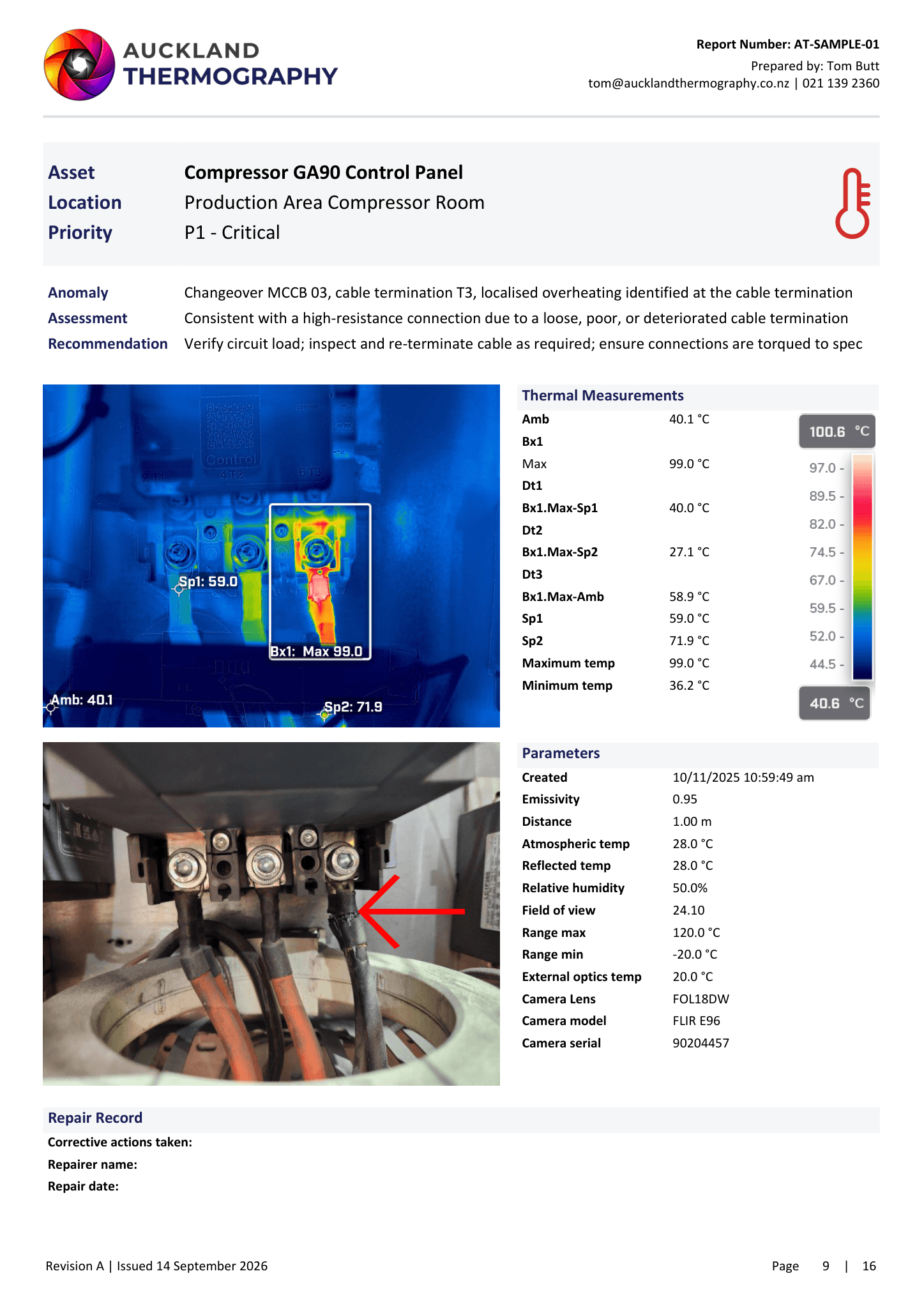 Example thermal imaging report page in Auckland