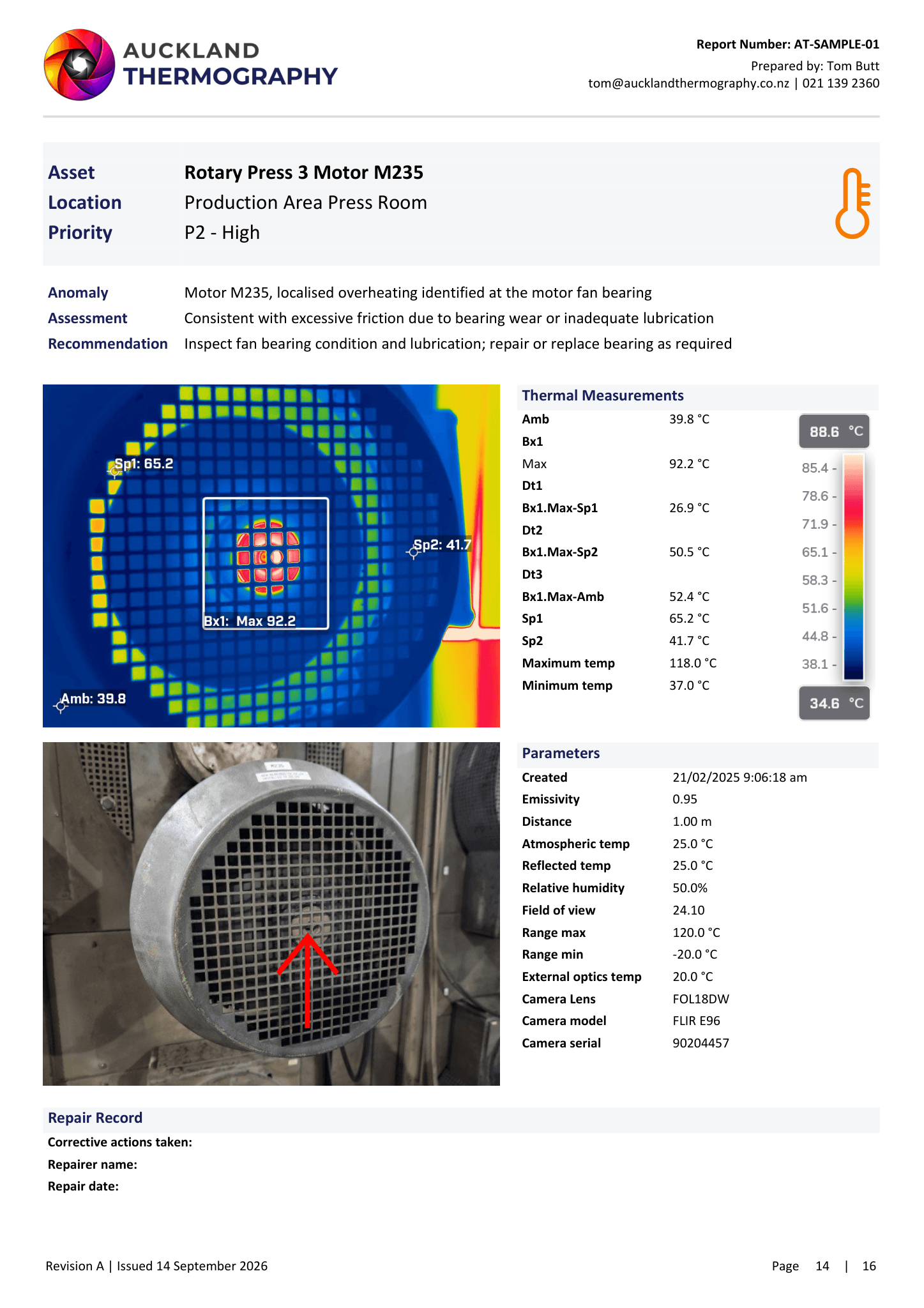 Example mechanical thermal imaging report page in Auckland