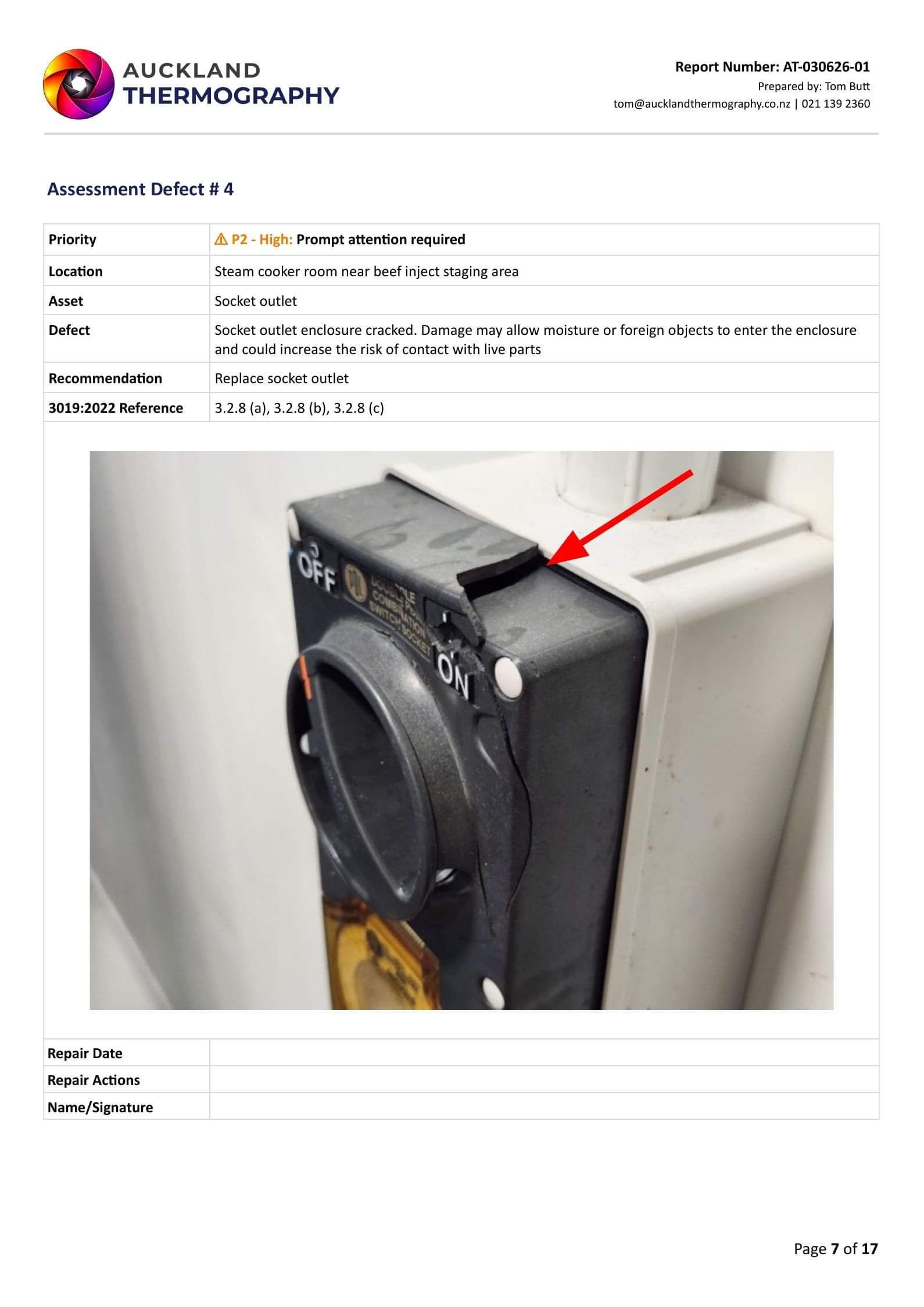 Example electrical periodic assessment report page in Auckland