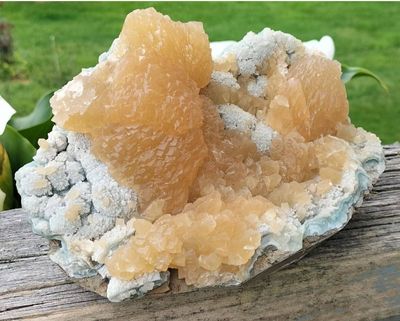 2kg Honey Calcite natural specimen on teal botryoidal Chalcedony