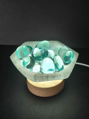 Satin Spar Decor led bowl with man-made Blue Obsidian tumbles