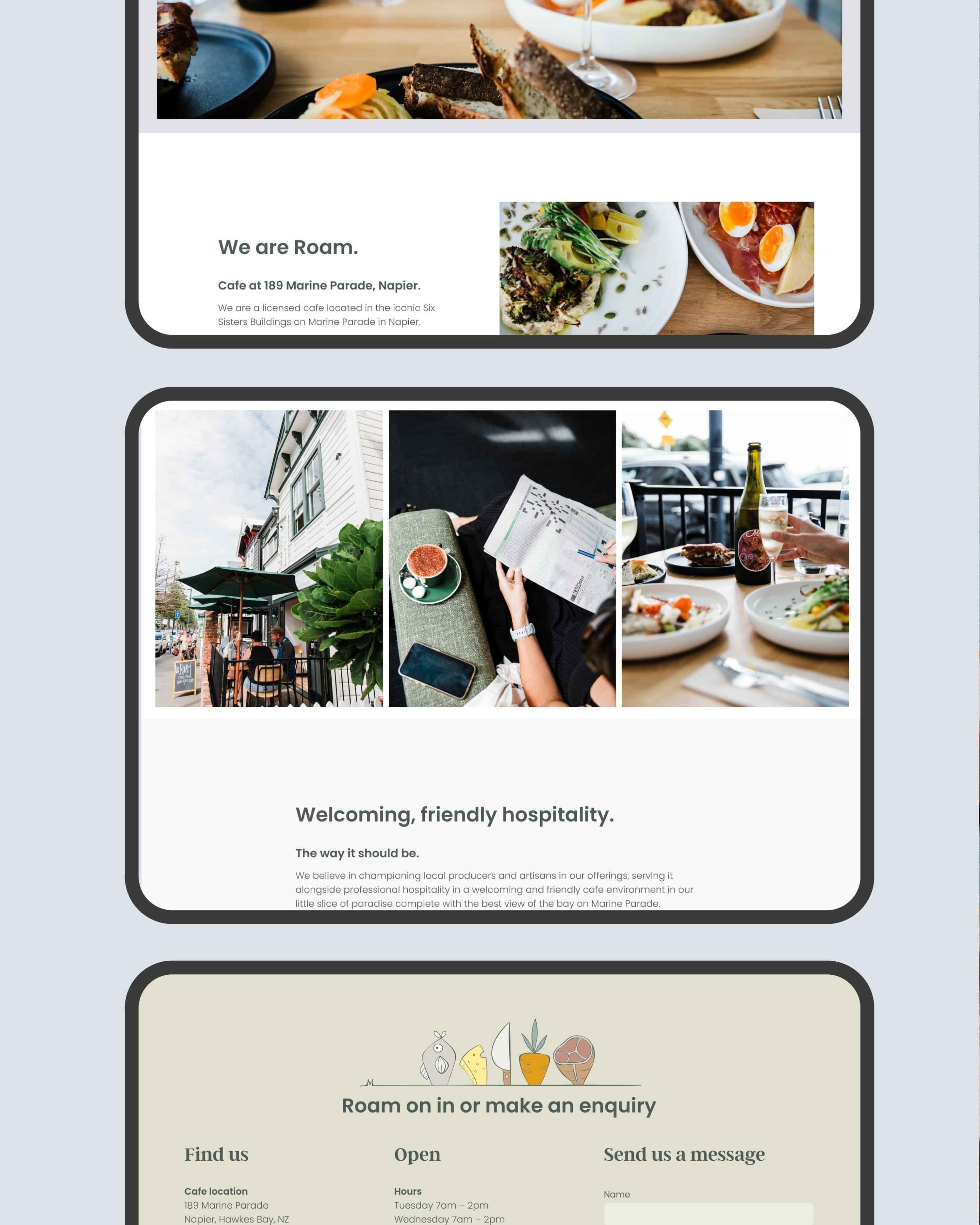 Image of the website design for ROAM Marine Parade Cafe in Napier. By Creative Box, New Zealand