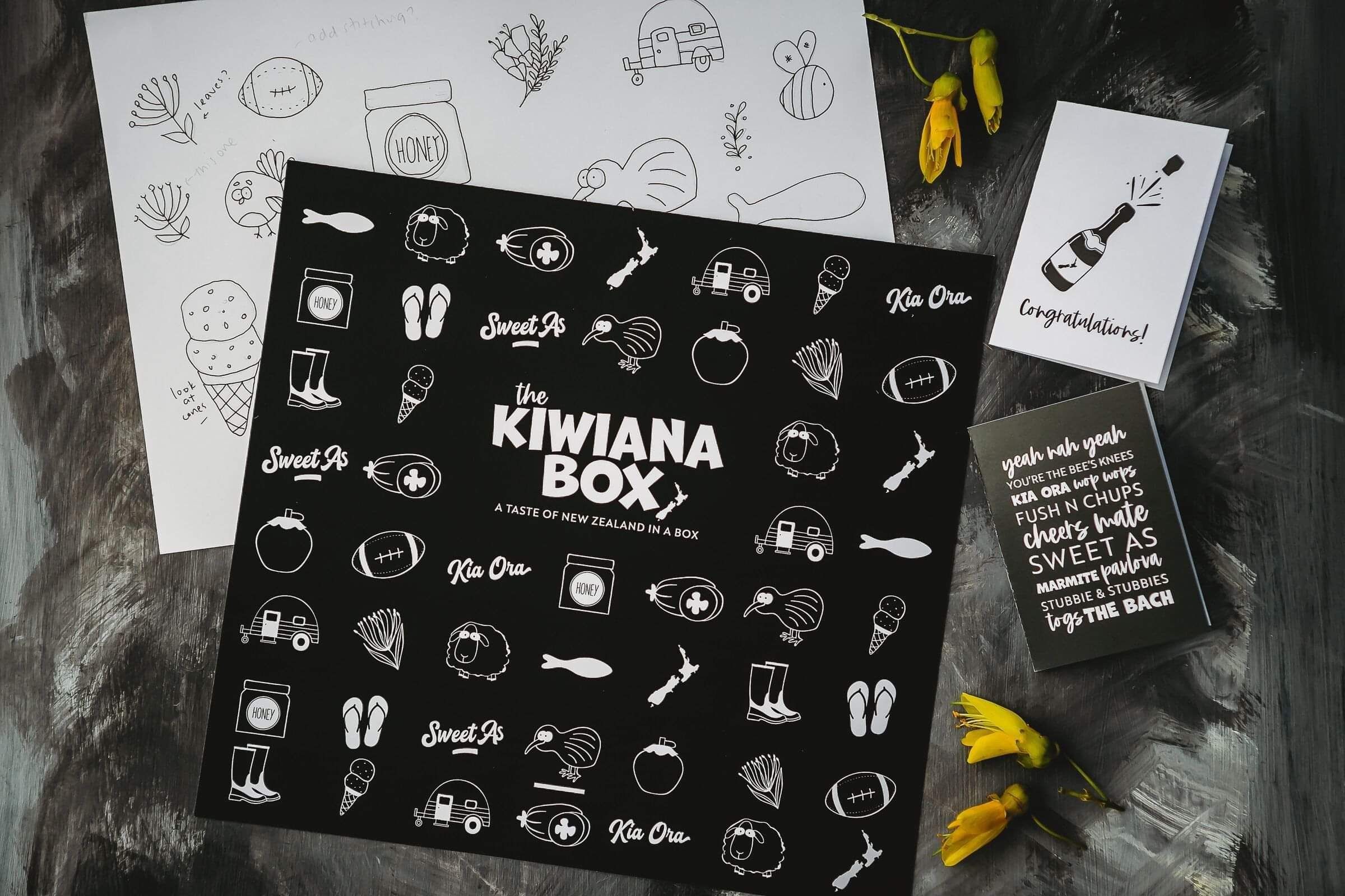 Logo design and packaging for gift box company, The Kiwiana Box. Waikato, New Zealand. Creative Box