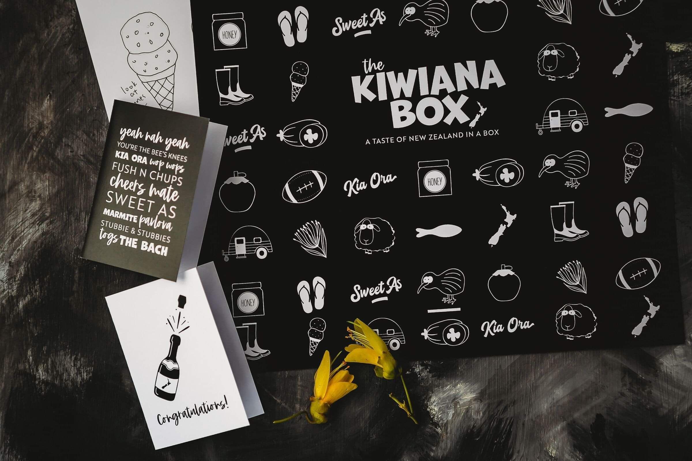 Logo design and packaging for gift box company, The Kiwiana Box. Waikato, New Zealand. Creative Box
