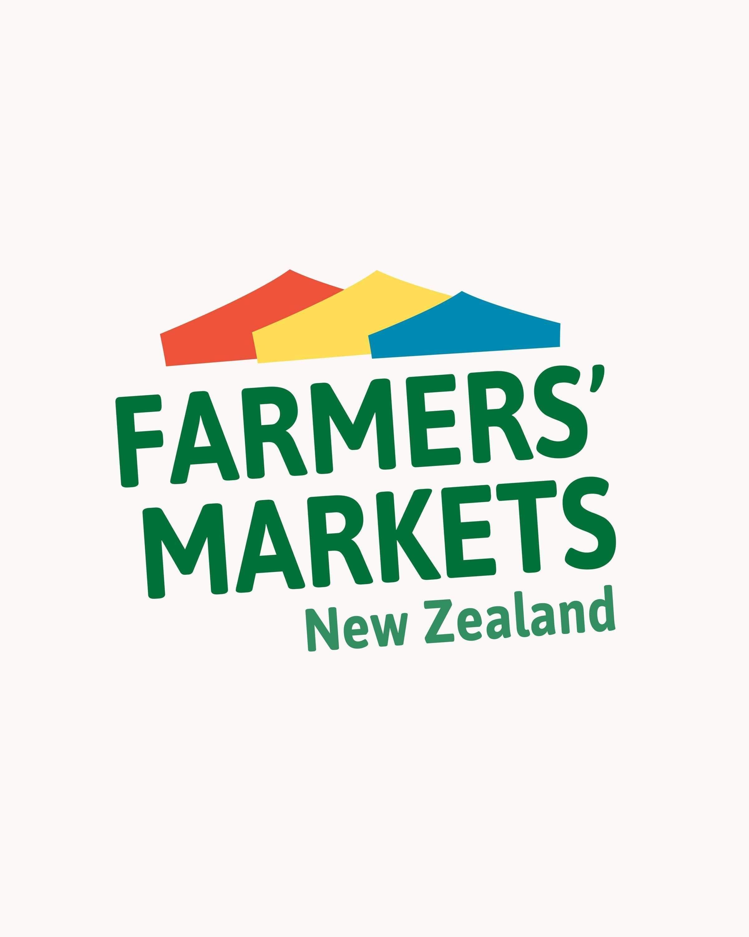 New logo design for Farmers' Markets New Zealand. Brightly coloured with gazebos. Designed by Creative Box. Te Awamutu, New Zealand.