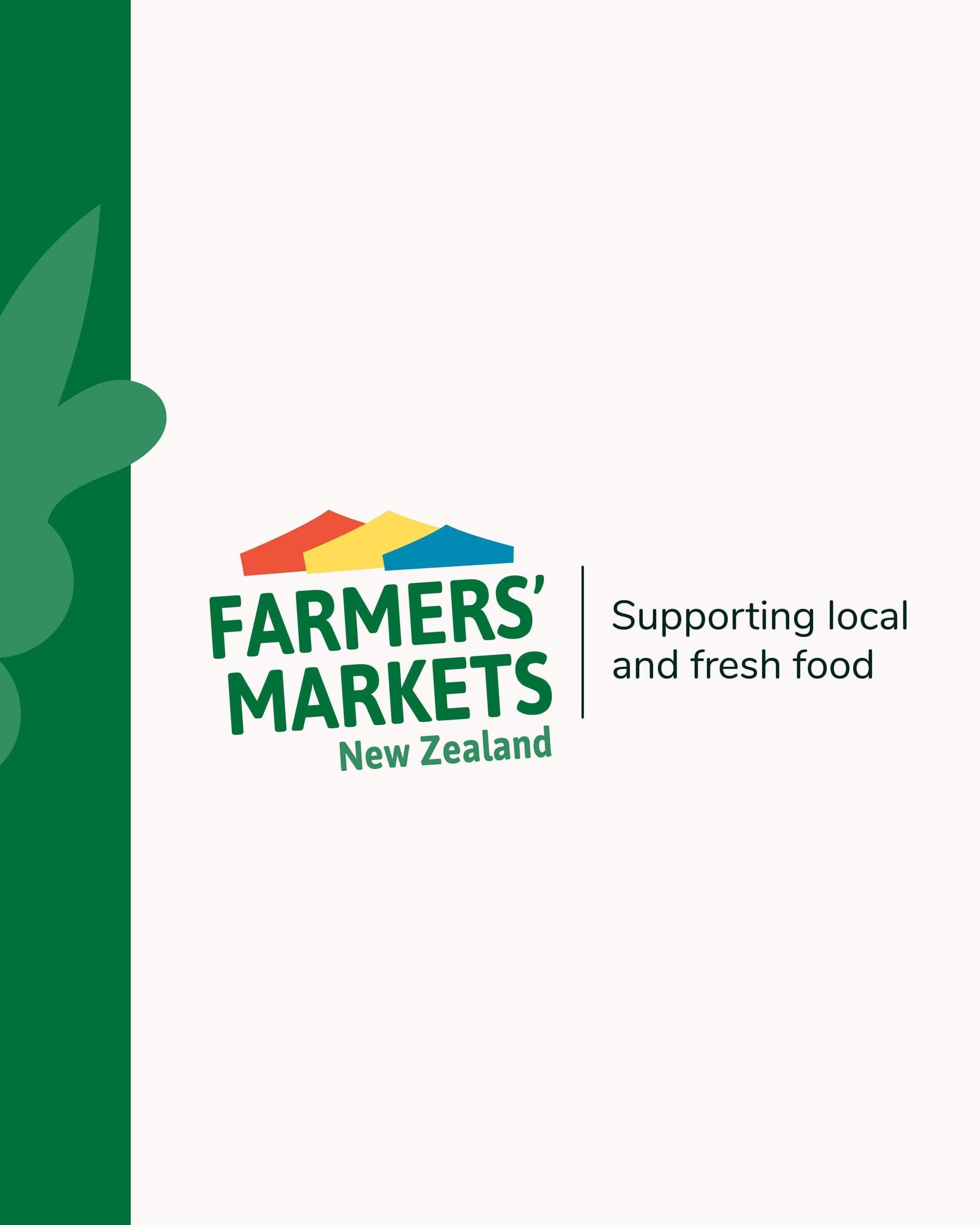 New logo design with tagline for Farmers' Markets New Zealand. Brightly coloured with gazebos. Designed by Creative Box. Te Awamutu, New Zealand.