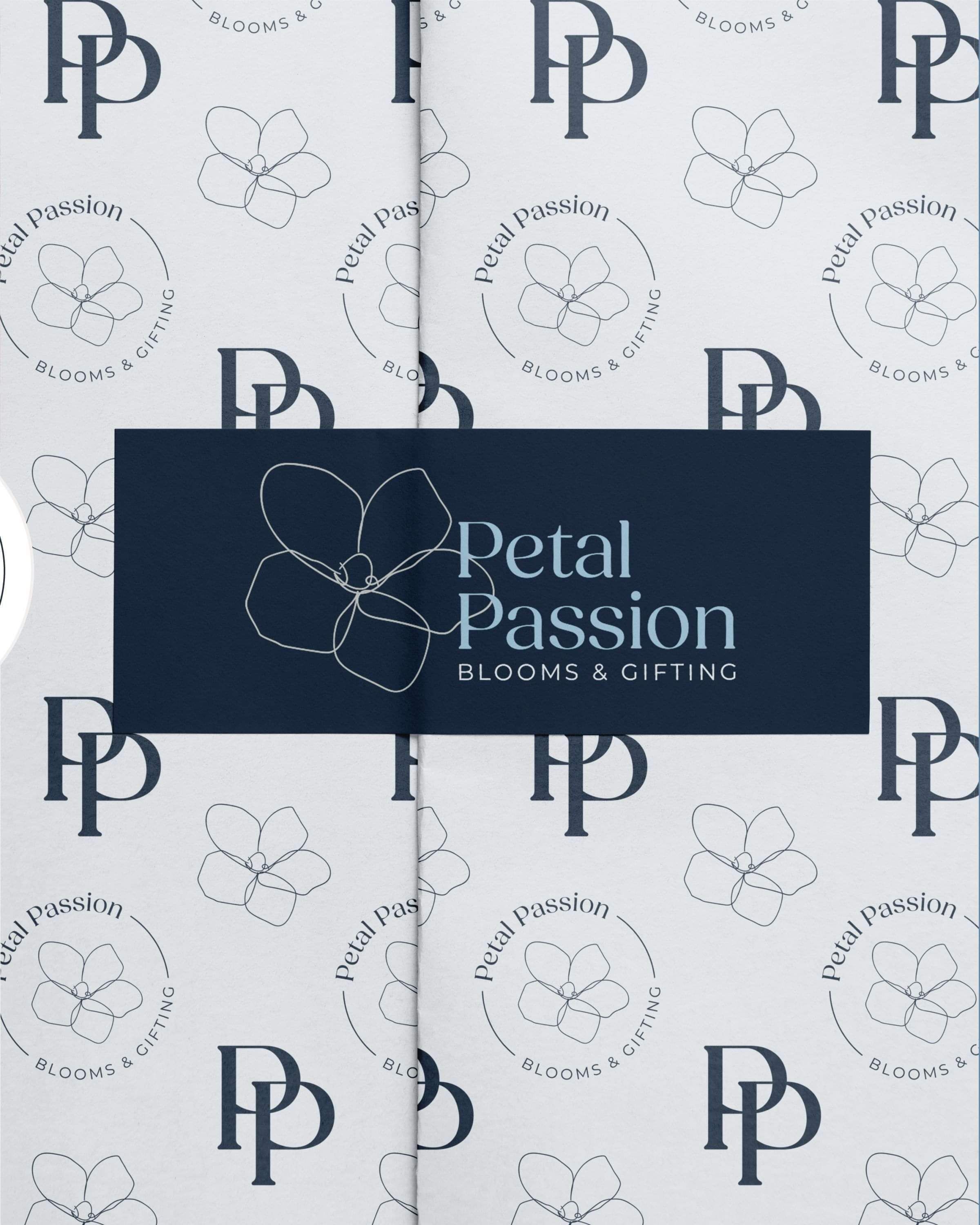  Image of the wrapping paper pattern design for Petal Passion. Designed by Creative Box. Waikato, New Zealand.signer.