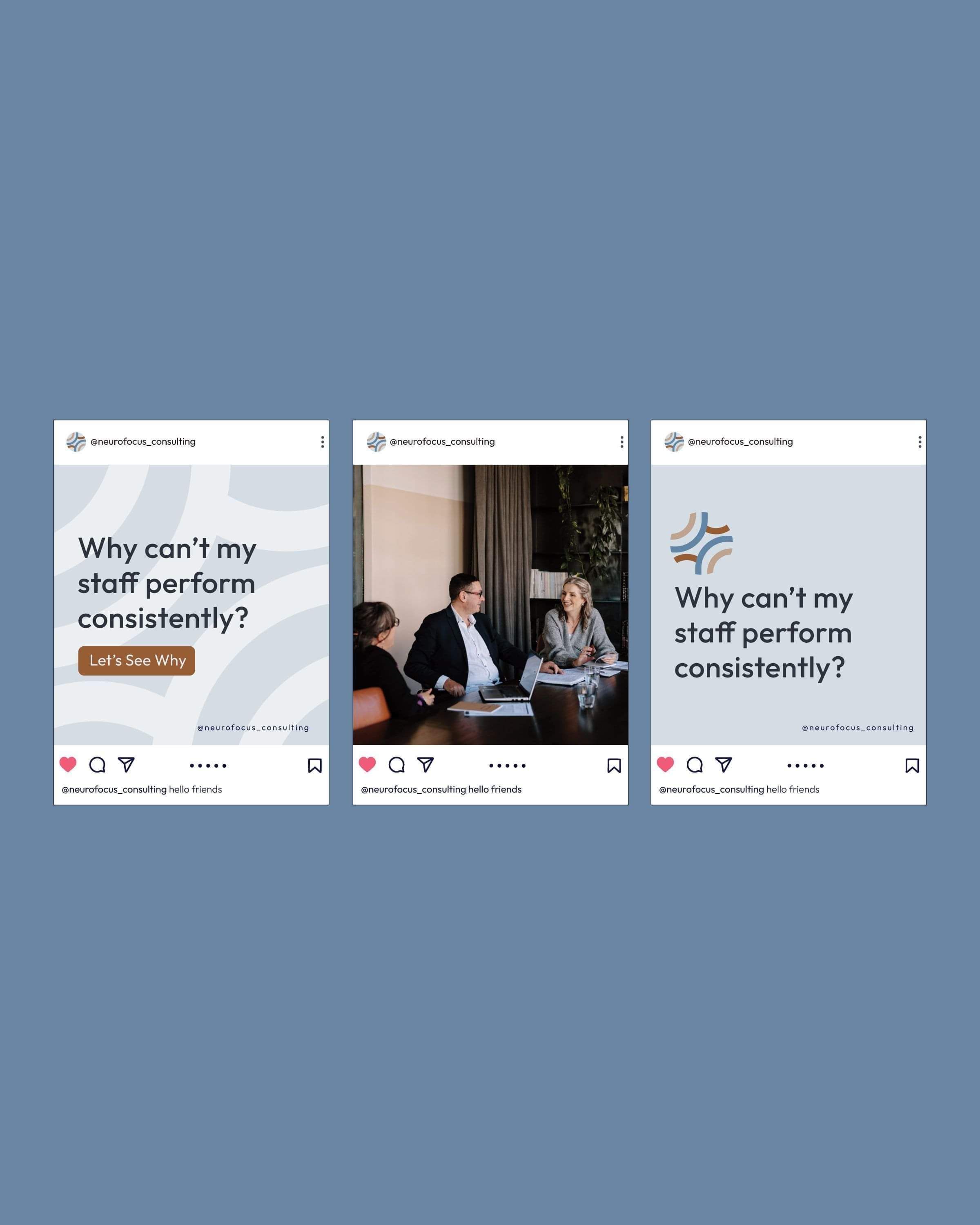 Image of social media template designs for NeuroFocus Consulting in brand colours & fonts. Creative Box, Waikato, New Zealand.