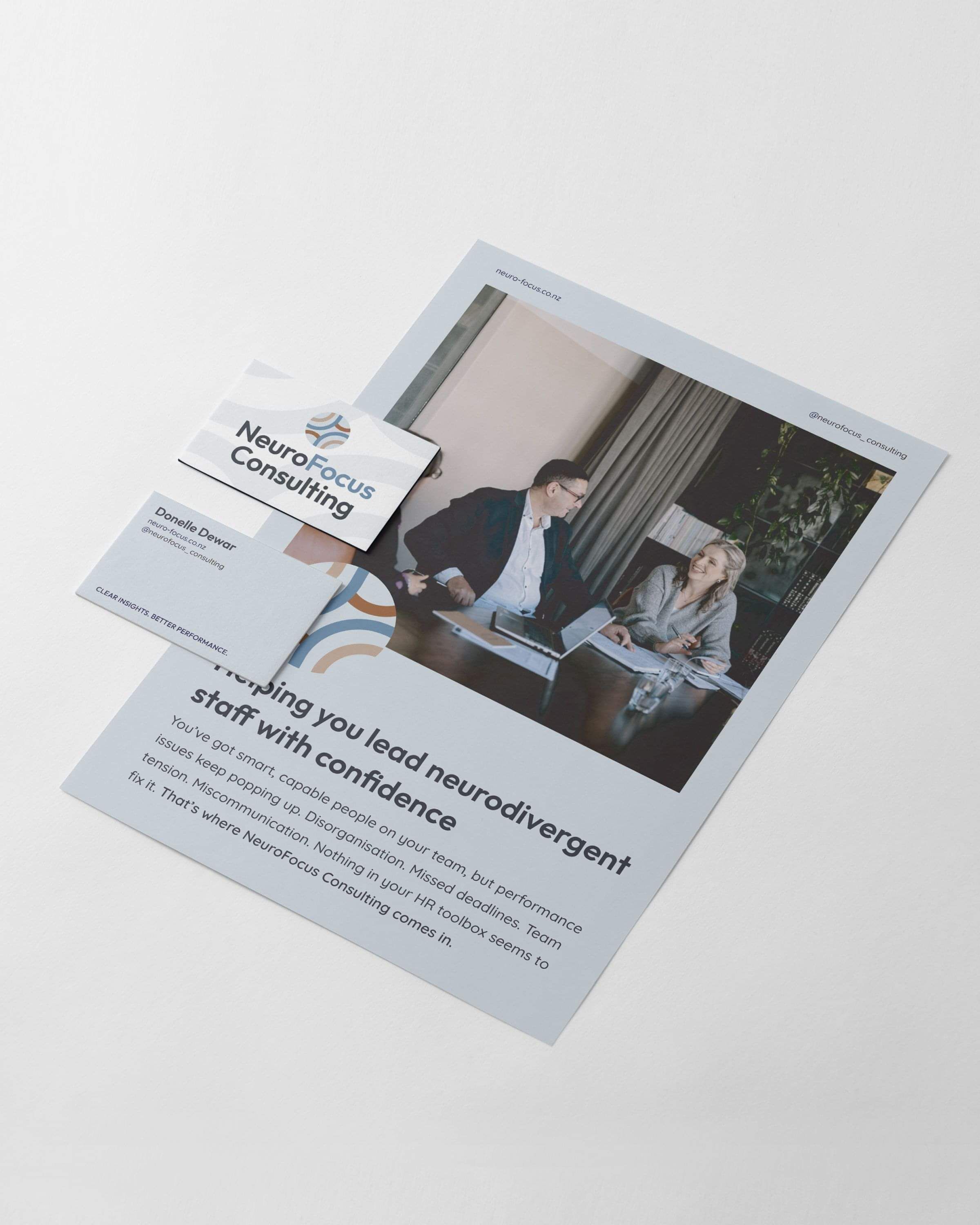 Image of business card & brochure design for NeuroFocus Consulting in brand colours & fonts. Creative Box, Waikato, New Zealand.