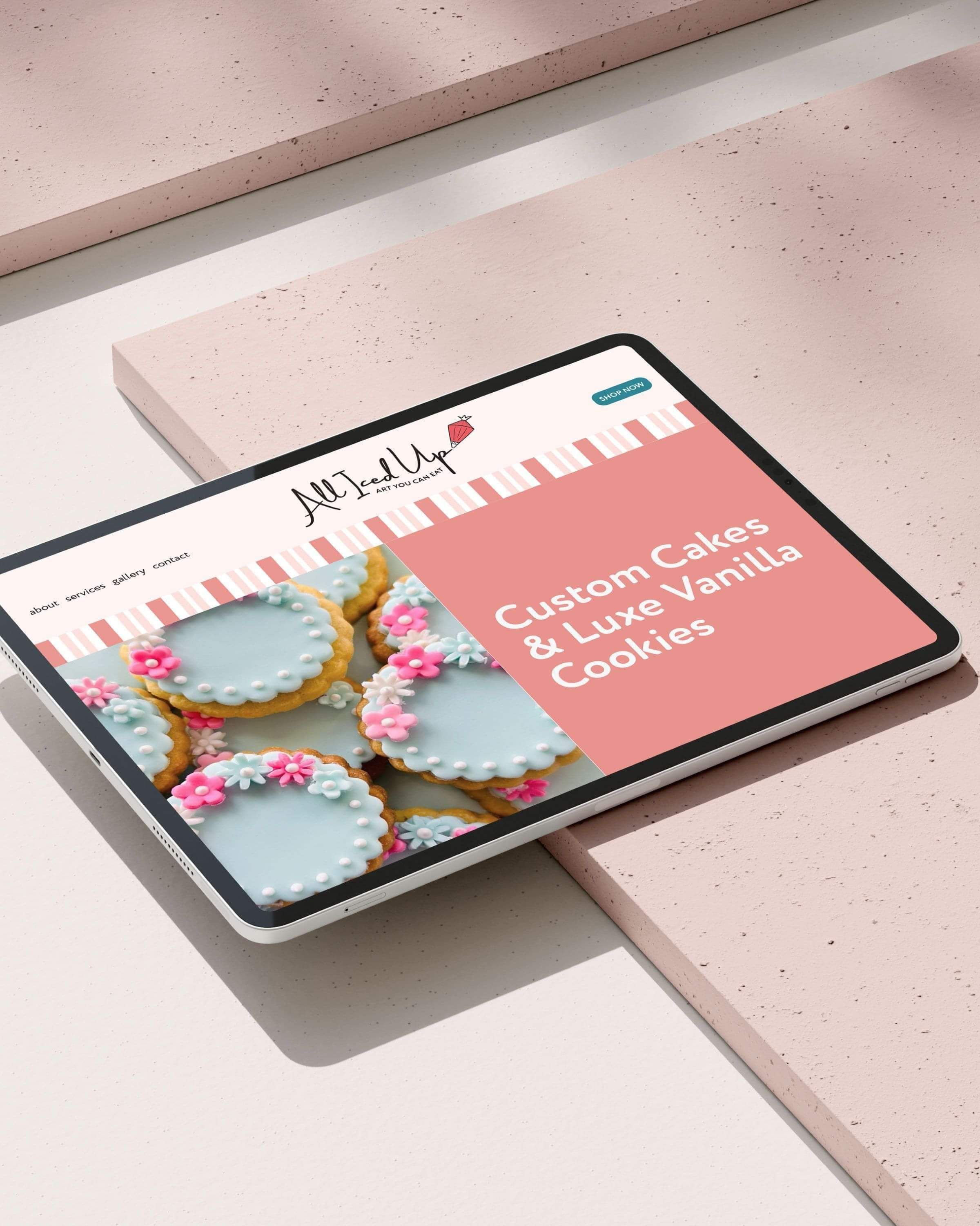 Ipad mockup of All Iced Up's new cake & cookie website look. Creative Box, Waikato, New Zealand.