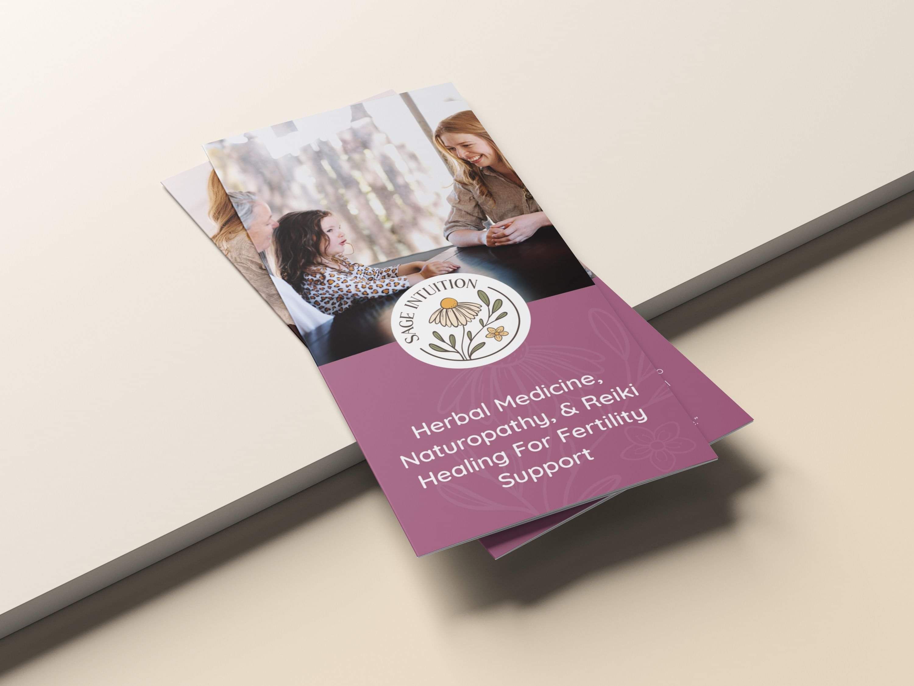 Image of purple trifold brochures for Sage Intuition. Created by Creative Box. Waikato, New Zealand.