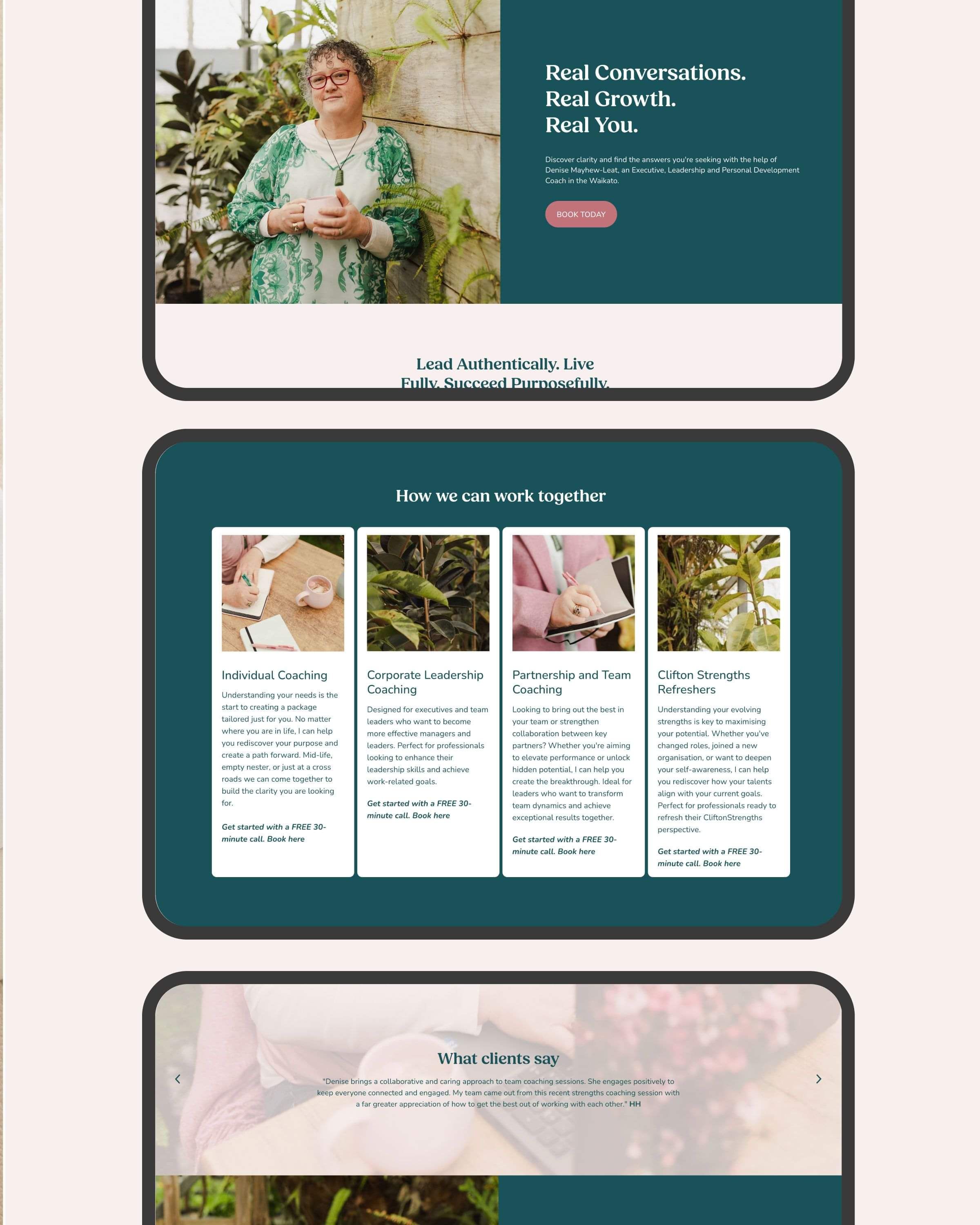 Image of website mockups on ipads designed for Denise Mayhew-Leat, life coach. Creative Box, Waikato, New Zealand.