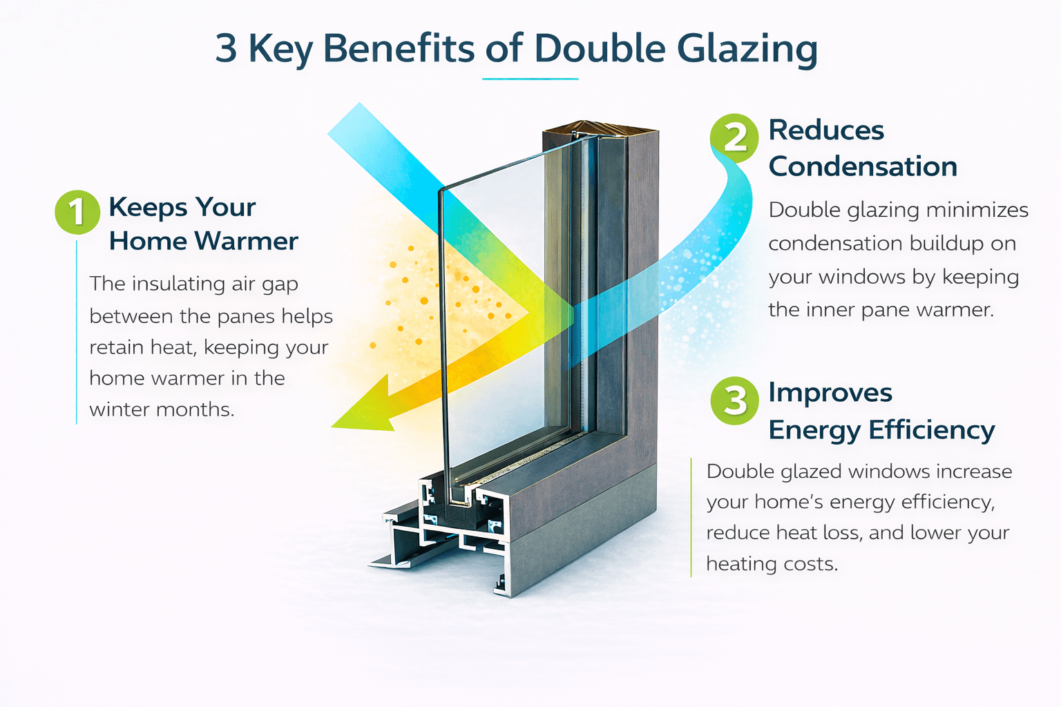 Diagram showing the 3 benefits of double glazing