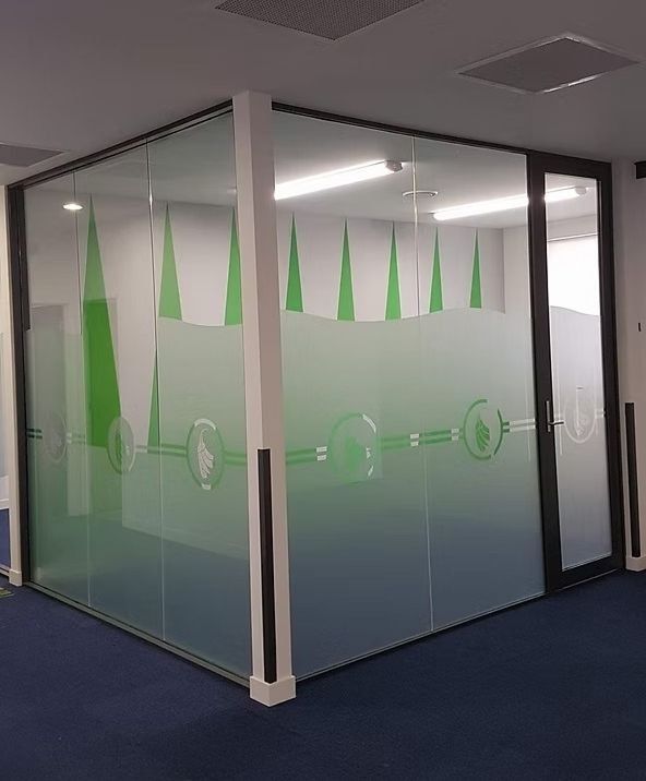 internal glass partition walls with manifestation