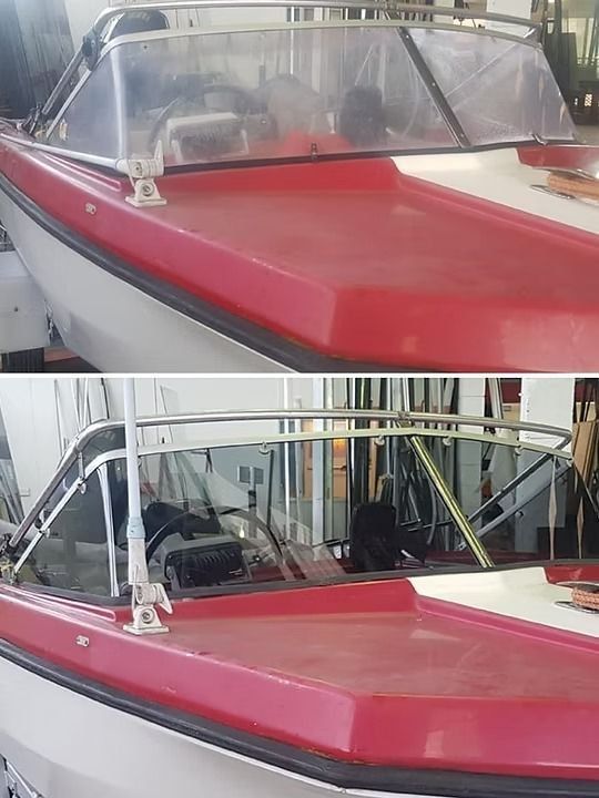 before and after pictures of a boat with a new windscreen