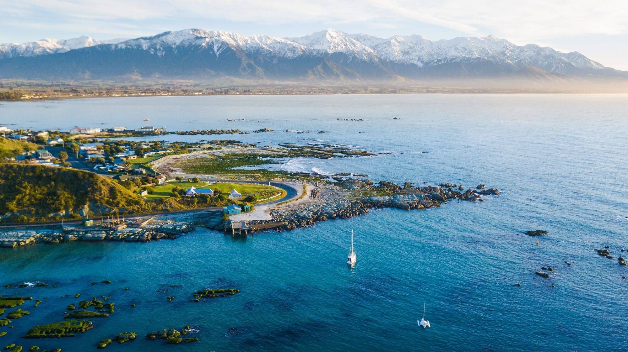 Kaikoura peninsula with snowy mountains backdrop