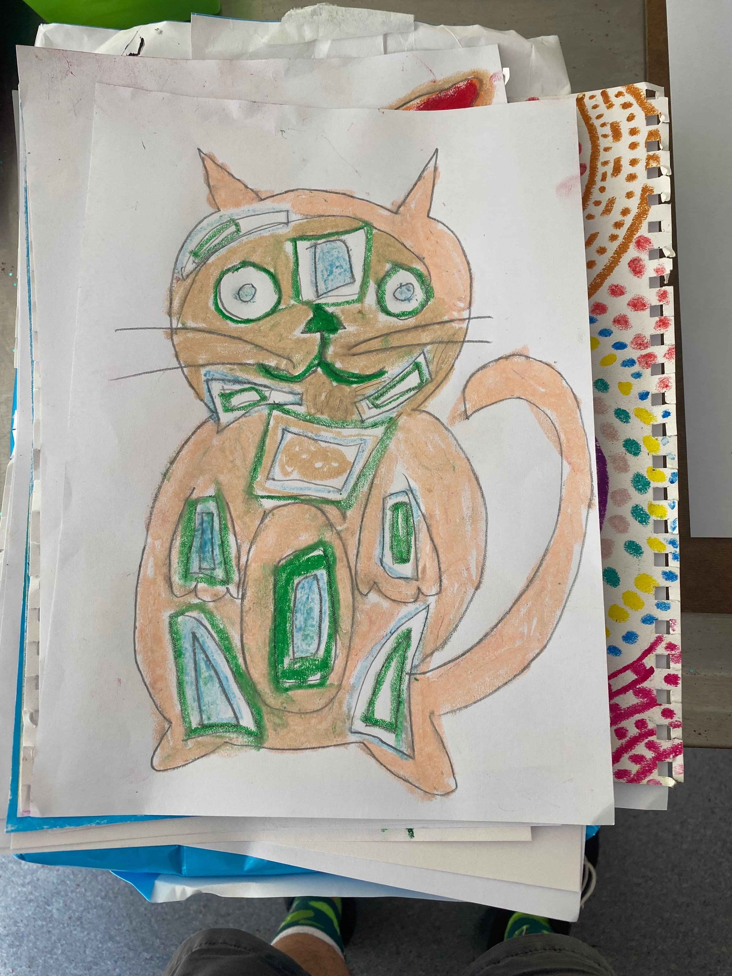 A hand drawn and coloured in picture of a cat