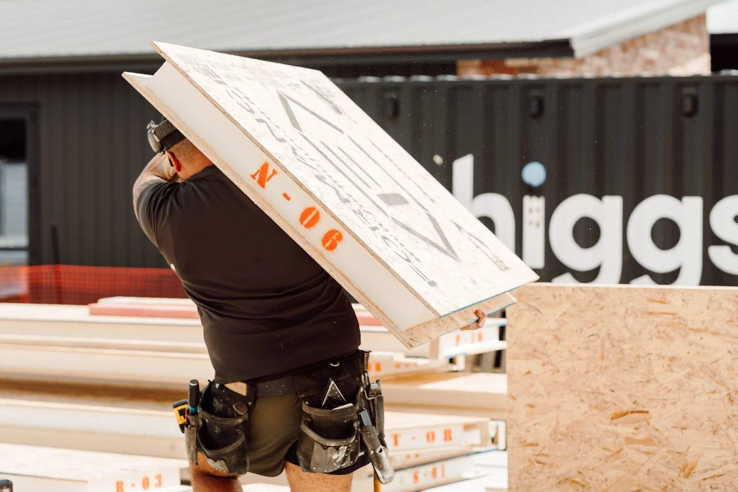Builder carrying a structural insulated panel (SIP)