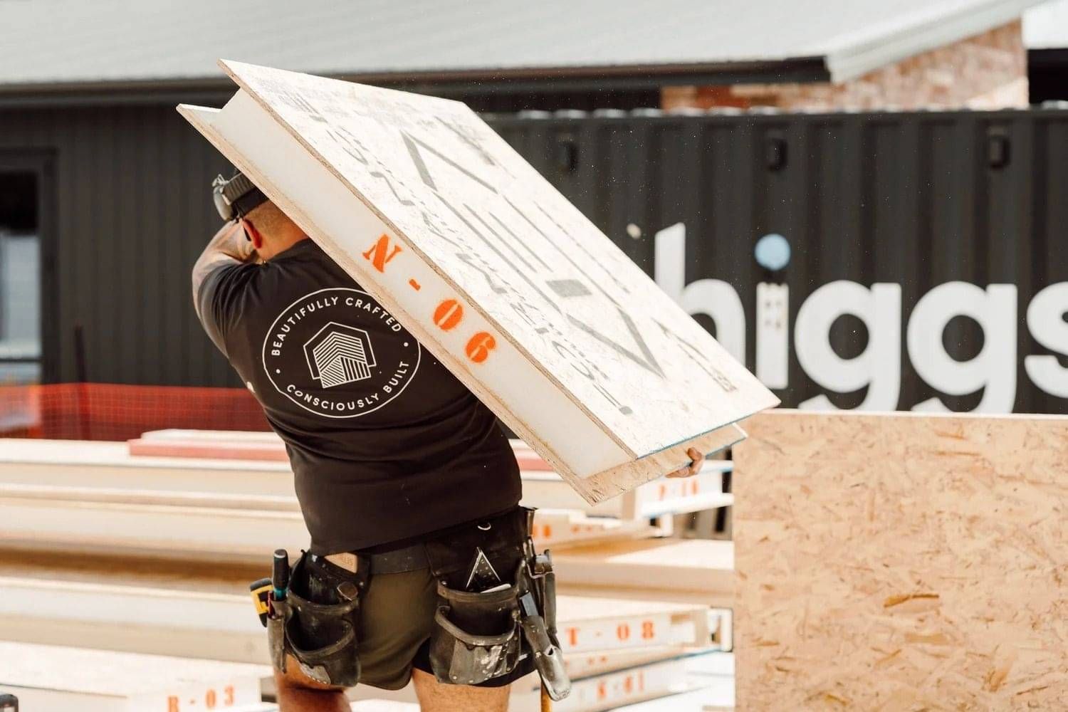 Builder carrying a SIPs board