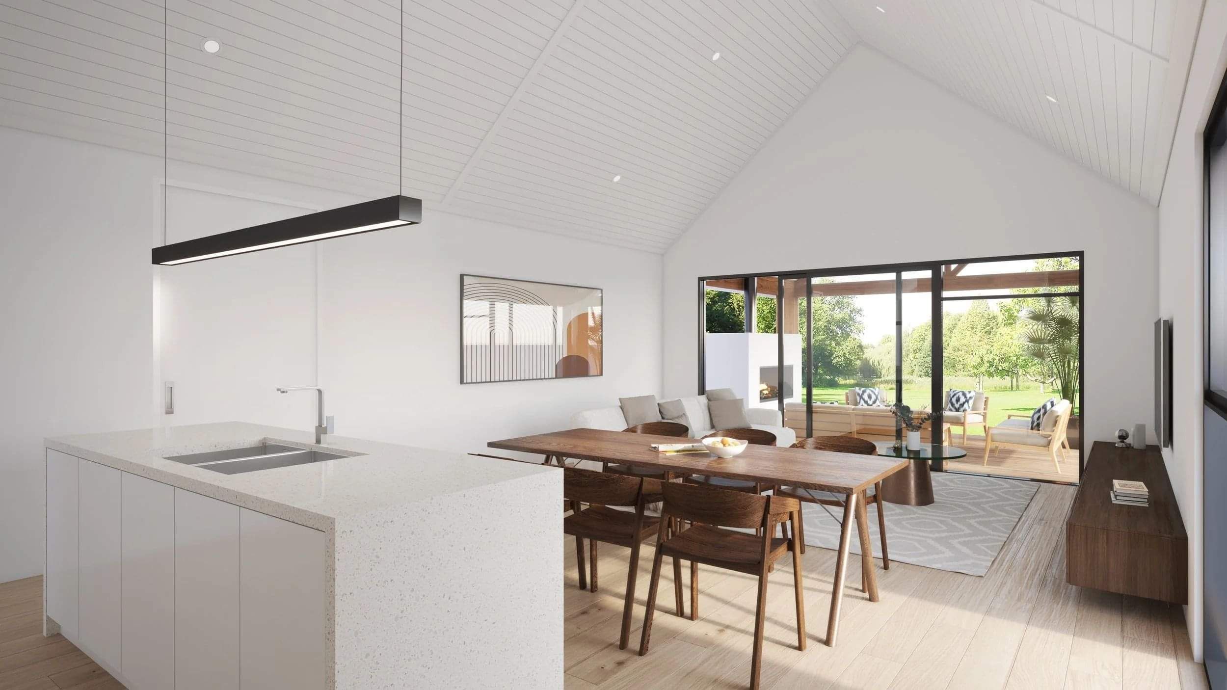 White kitchen with A frame internal roof with horizontal running wooden panels, showing open plan kitchen, dining and living space