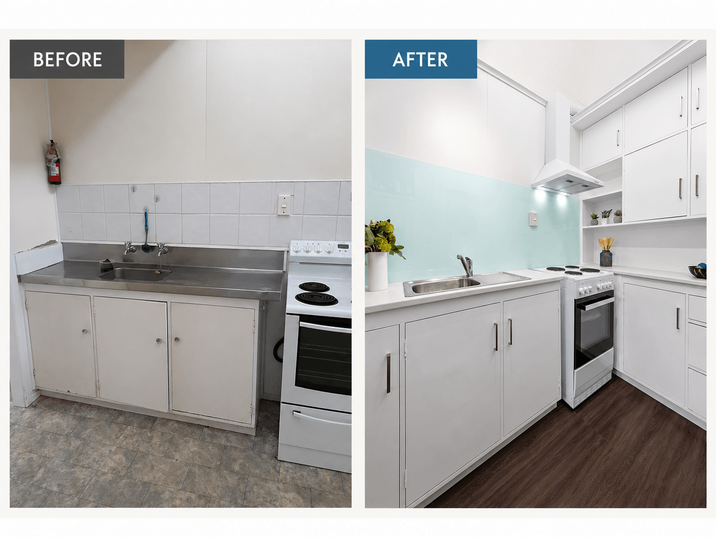 A before and after image of a kitchen refresh in a rental property. Simple upgrade instead of full replacement