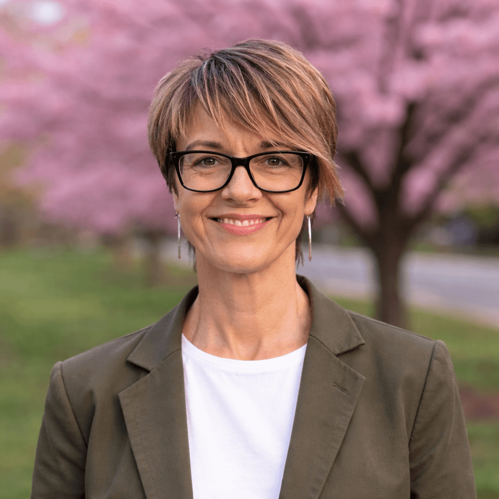 Smiling woman celebrant with short hair and glasses, wearing a patterned jacket, against a soft pink floral background.