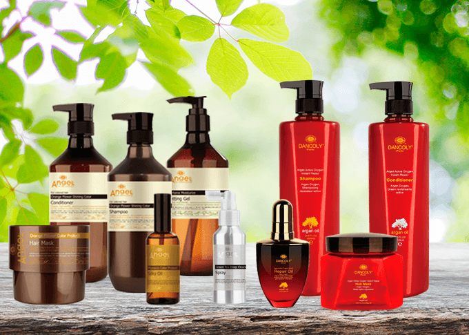 Shampoo and Spray bottles of Angel En Provence products on a display