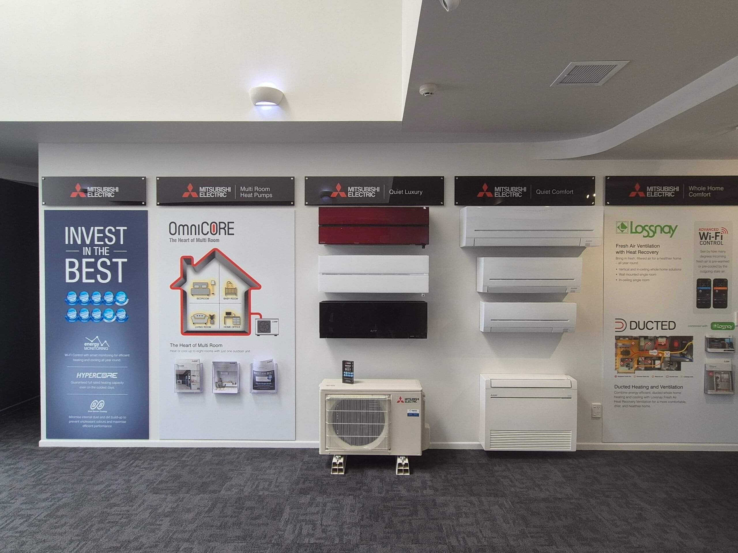 Mitsubishi Electric heat pump display wall in the Temprite Rotorua showroom