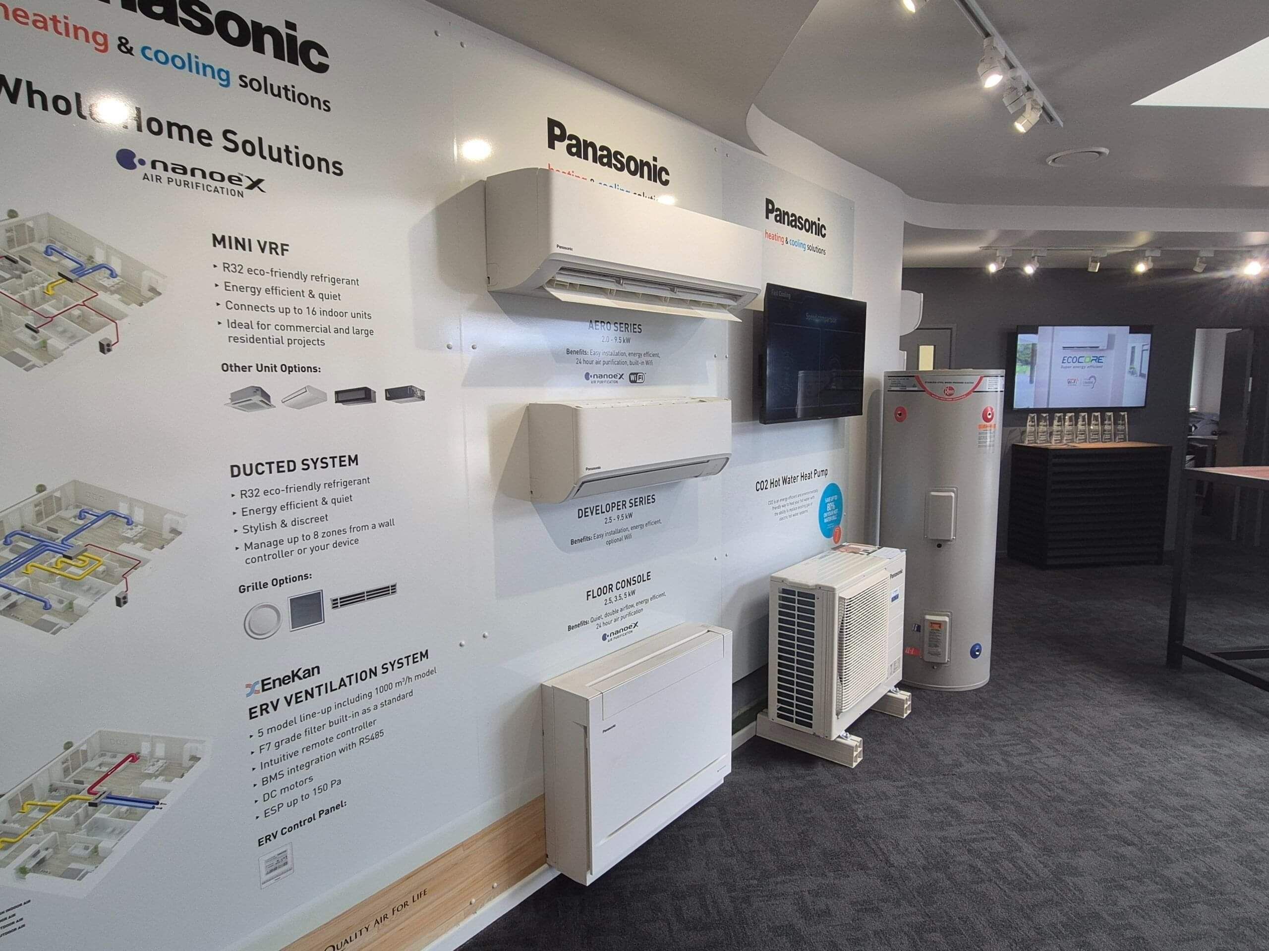Panasonic heat pump and hot water display area in the Temprite showroom