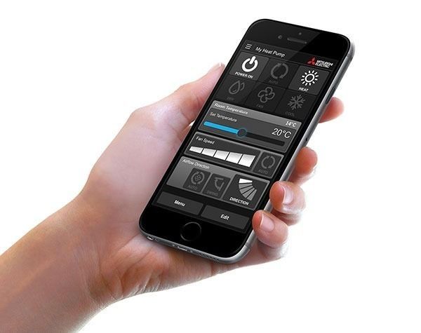 Smartphone showing a heat pump control app for Wi-Fi control