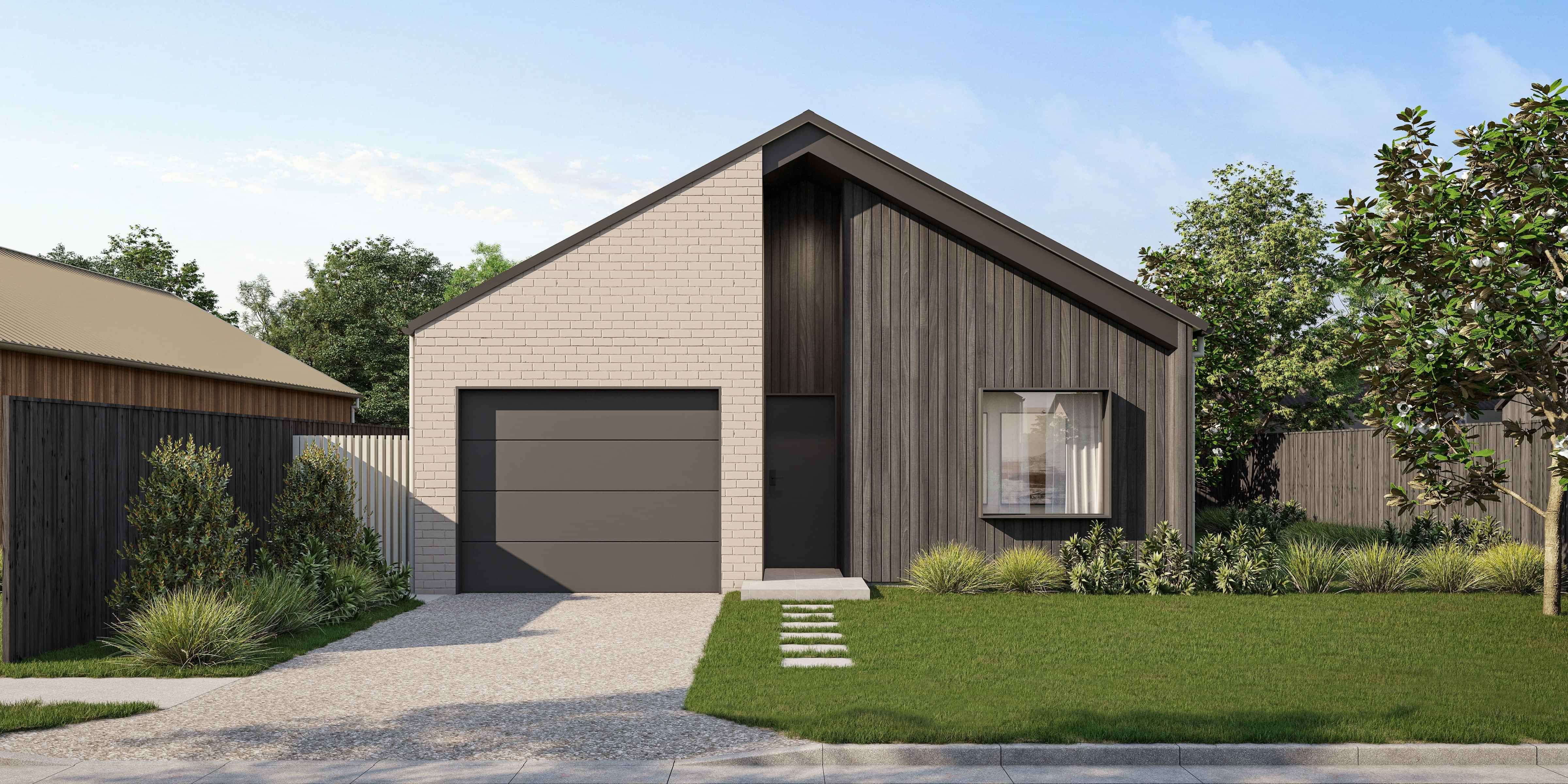 Contrast palette home at Maplewood, Morrinsville, Waikato, combining dark roofing and joinery with lighter brick and cladding for a balanced exterior.