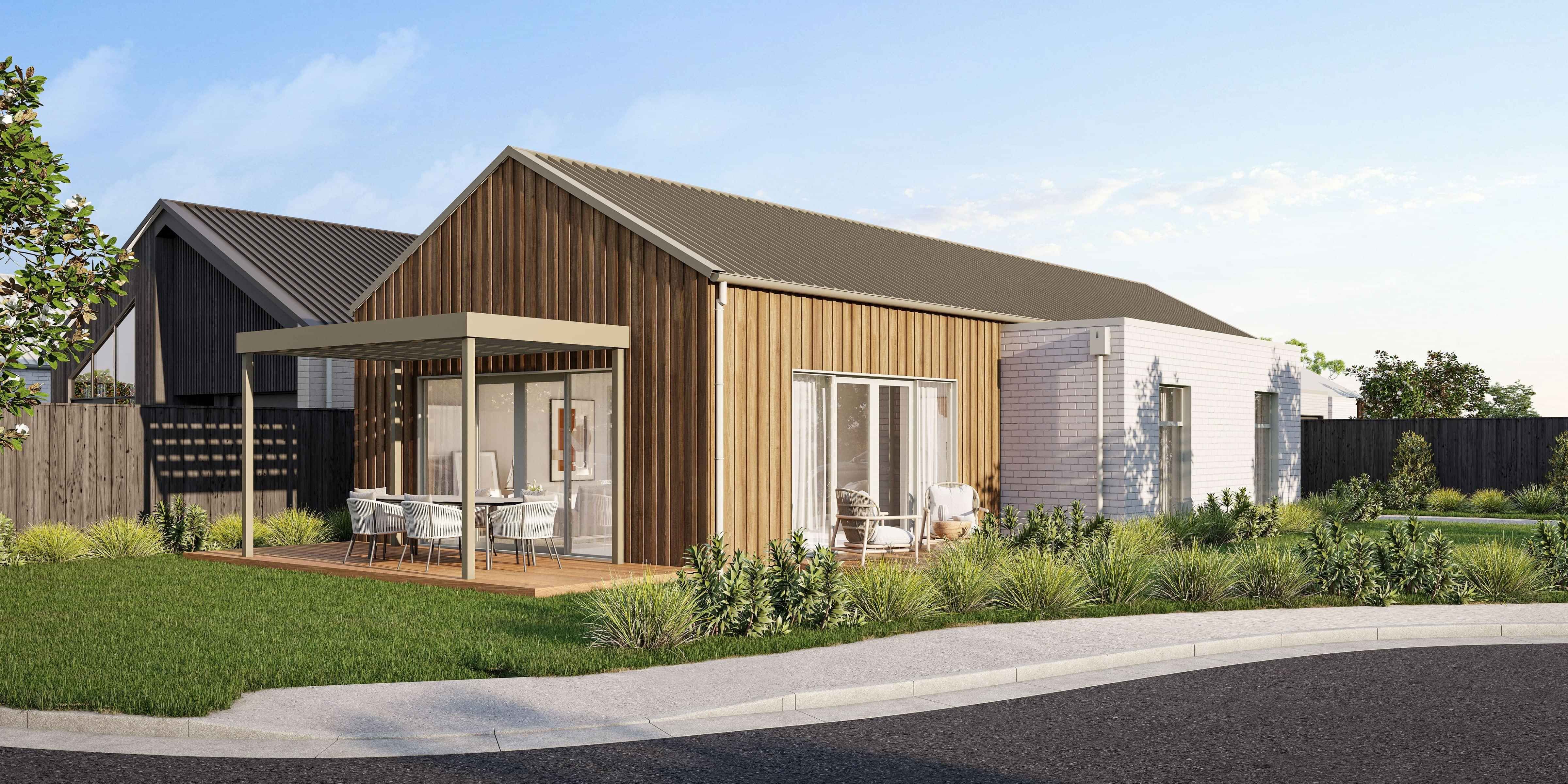 Light Lichen exterior material palette featuring muted earthy roofing, warm timber tones, light joinery and white brick.