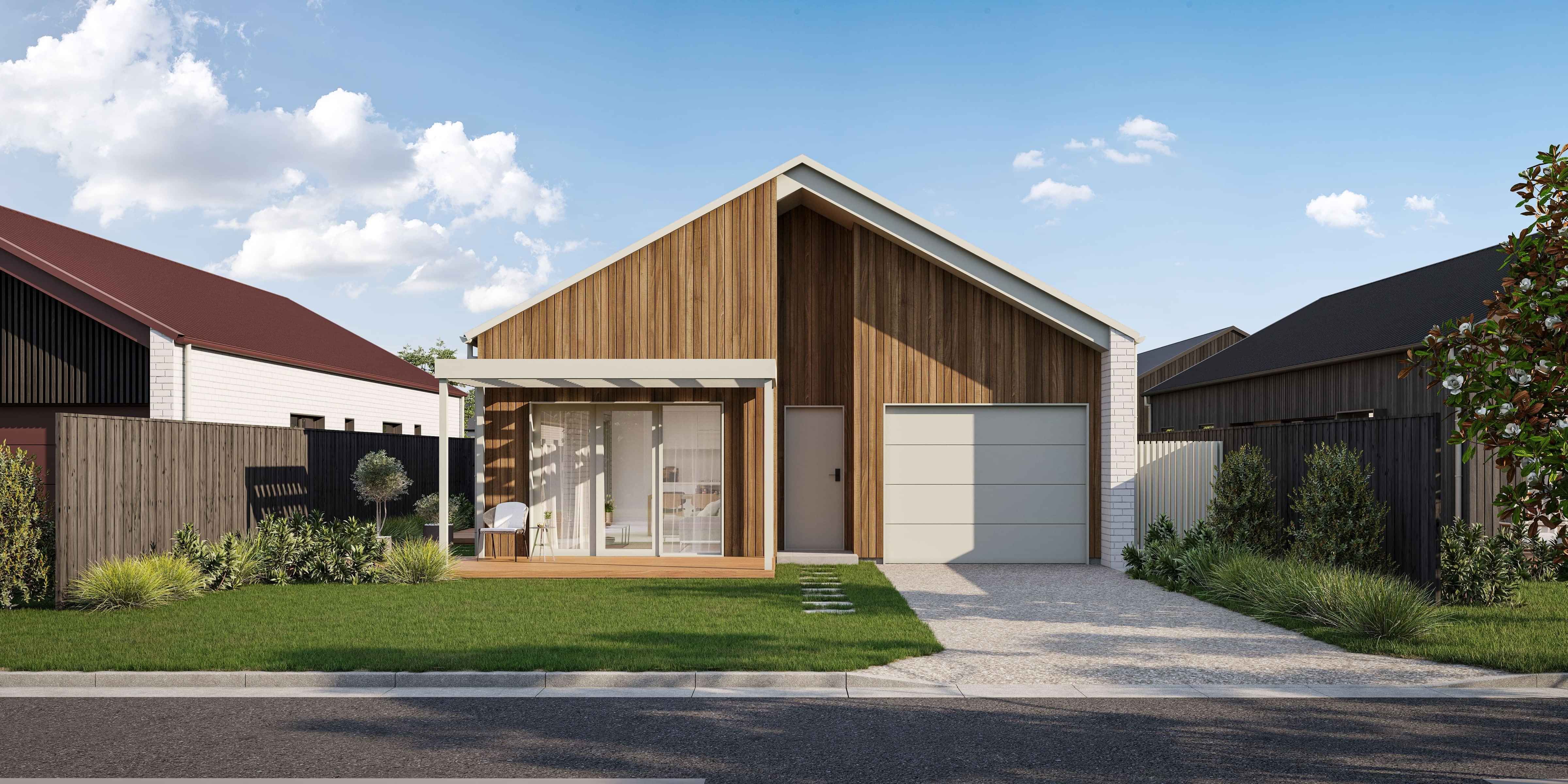 Light exterior material palette featuring soft neutral roofing and joinery, white brick and warm timber tones.